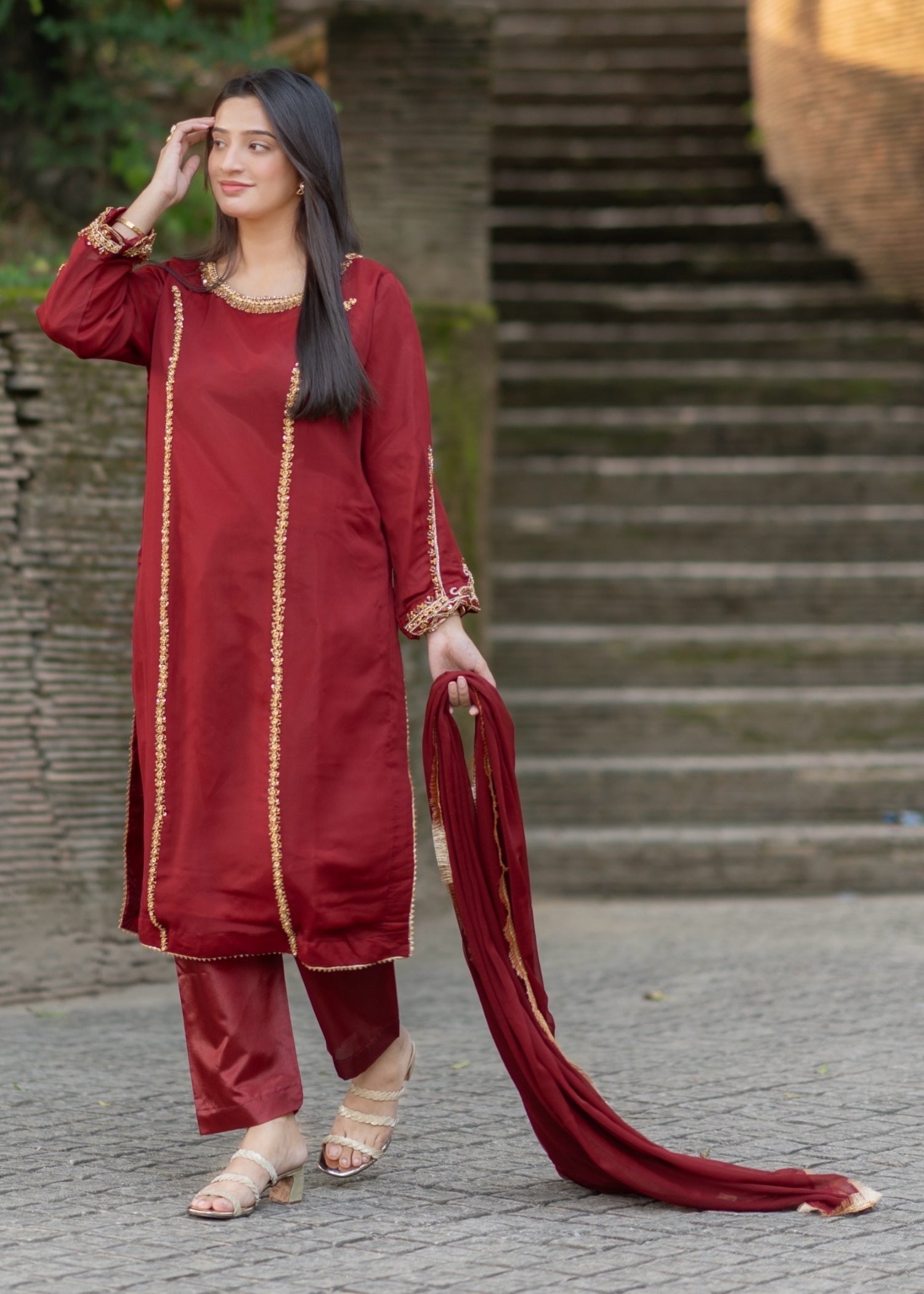 Suits By Sadia Maroon chiffon decent Women 3pcs