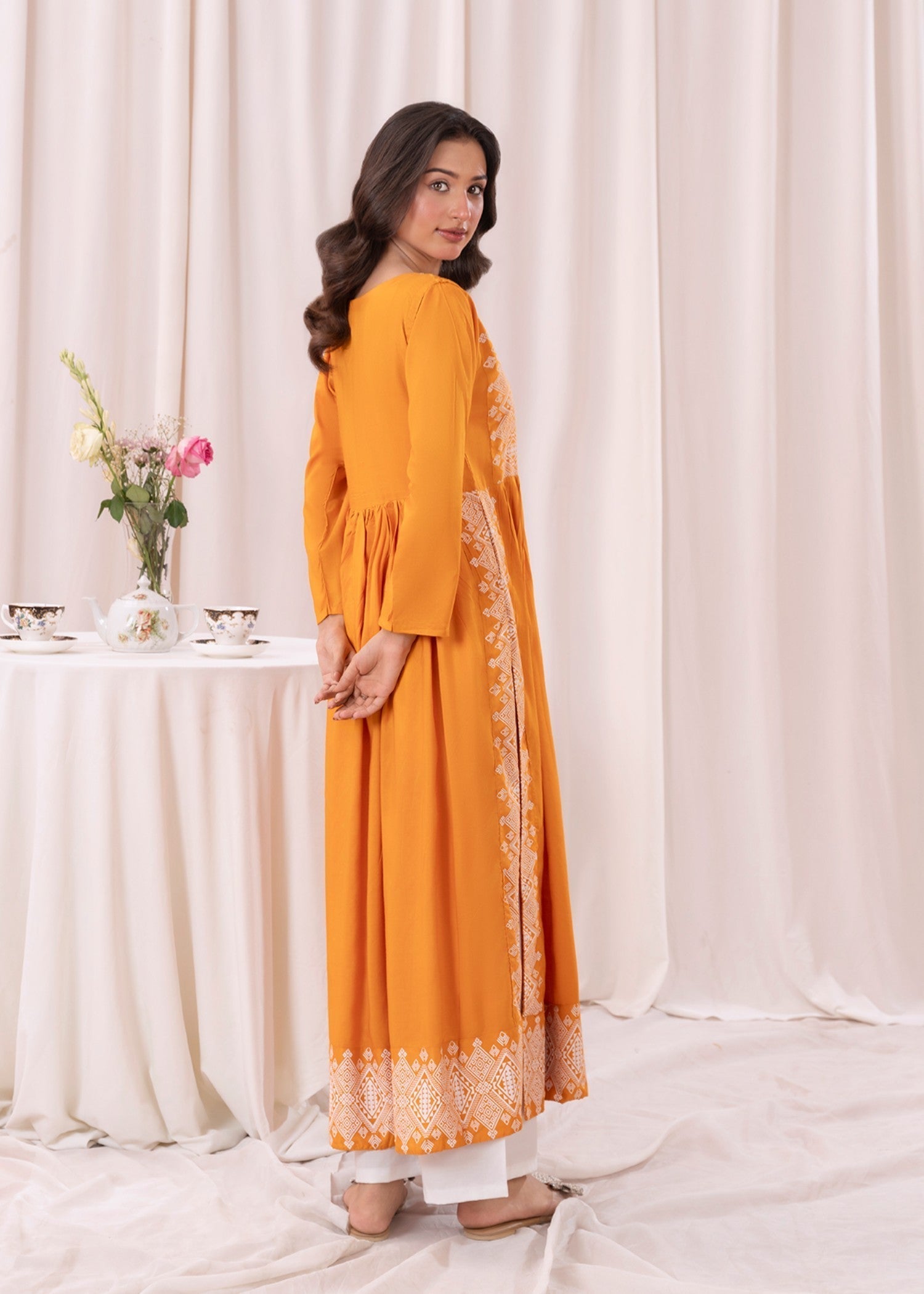 Laal Kurti Mustard White printed long kurta D117 Women 1pcs