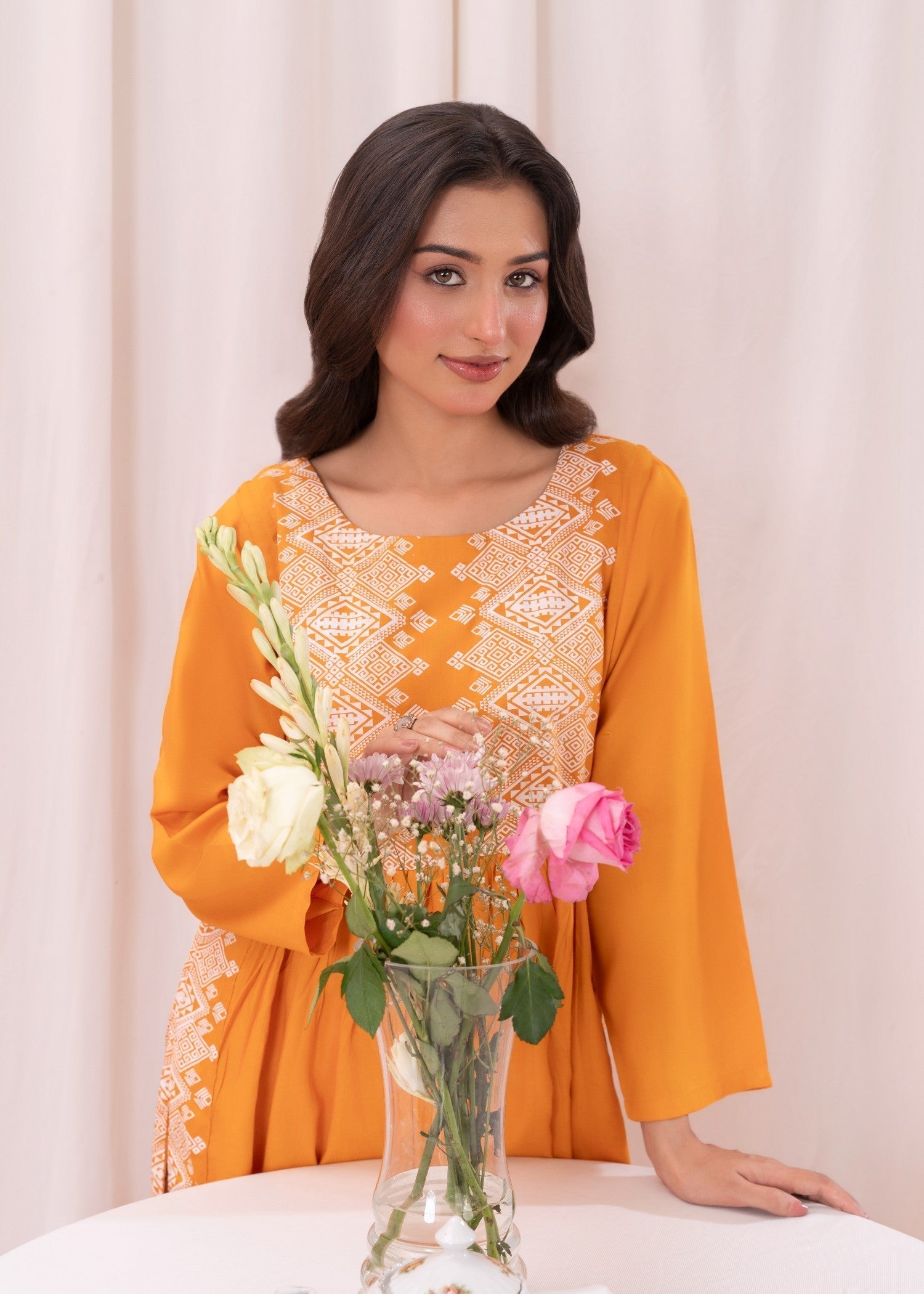 Laal Kurti Mustard White printed long kurta D117 Women 1pcs