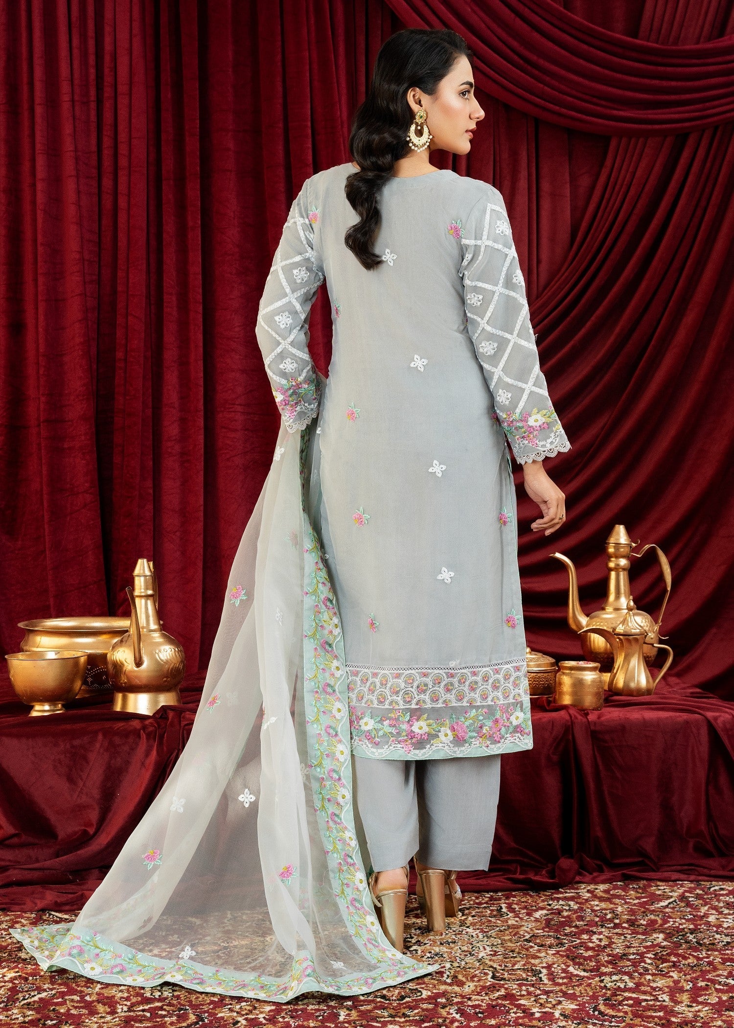 Waniya Awais WAS 177 Steel Grey Stitched Women 3pcs