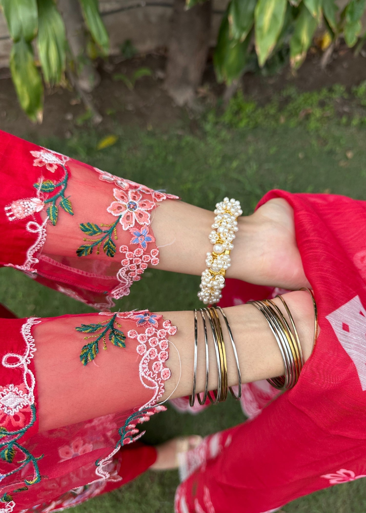 Attirepret Radiant Red Embroidered Cotton Suit by Women 3pcs