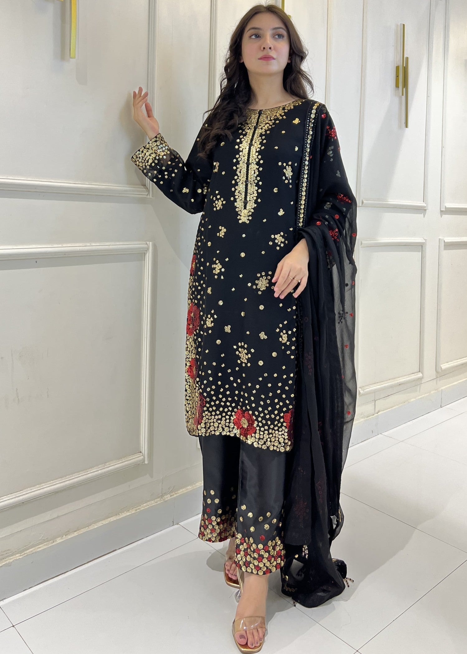 Shrenz Pret Shrenz Black Sequence Pret Chiffon Women 3pcs