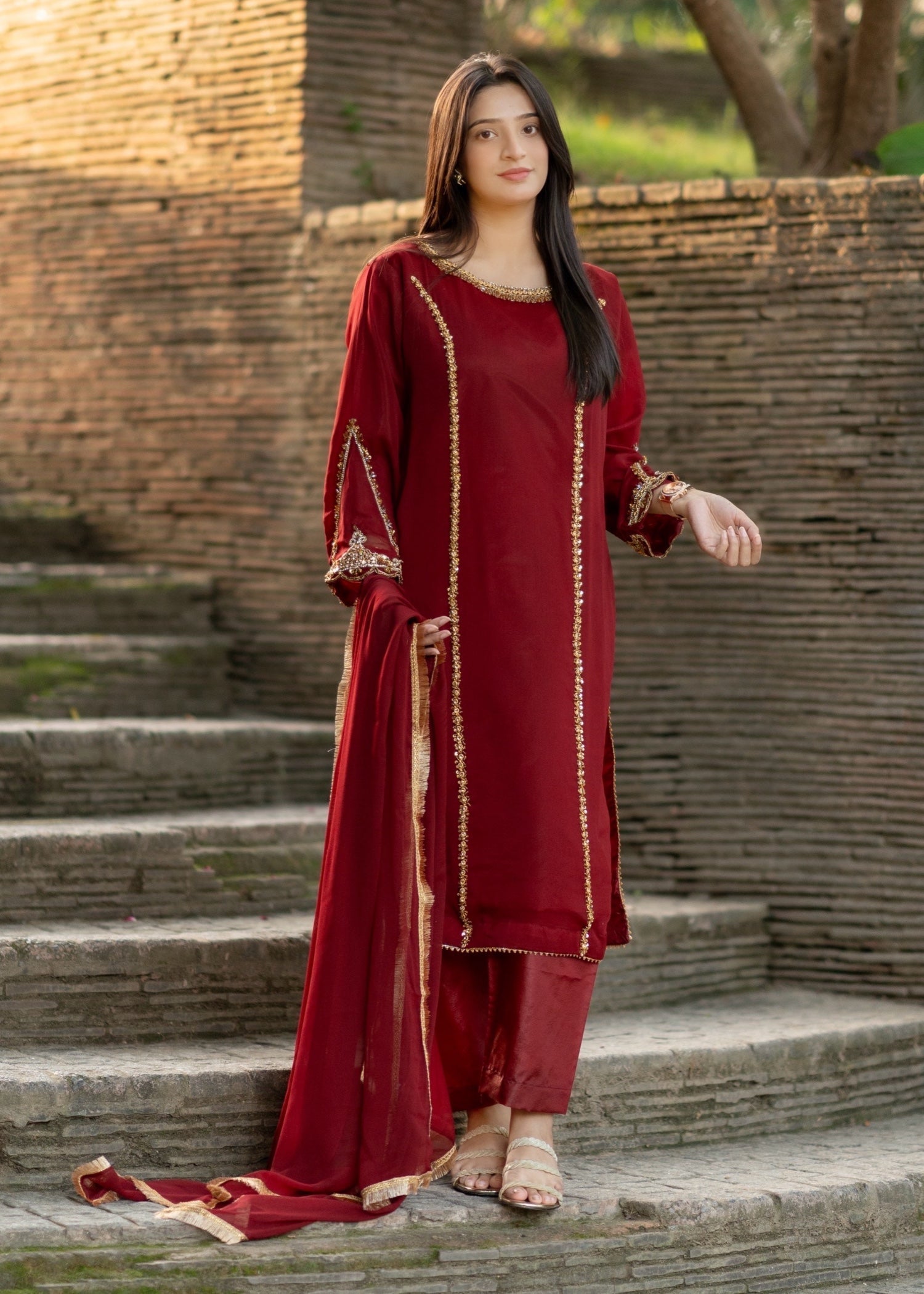 Suits By Sadia Maroon chiffon decent Women 3pcs
