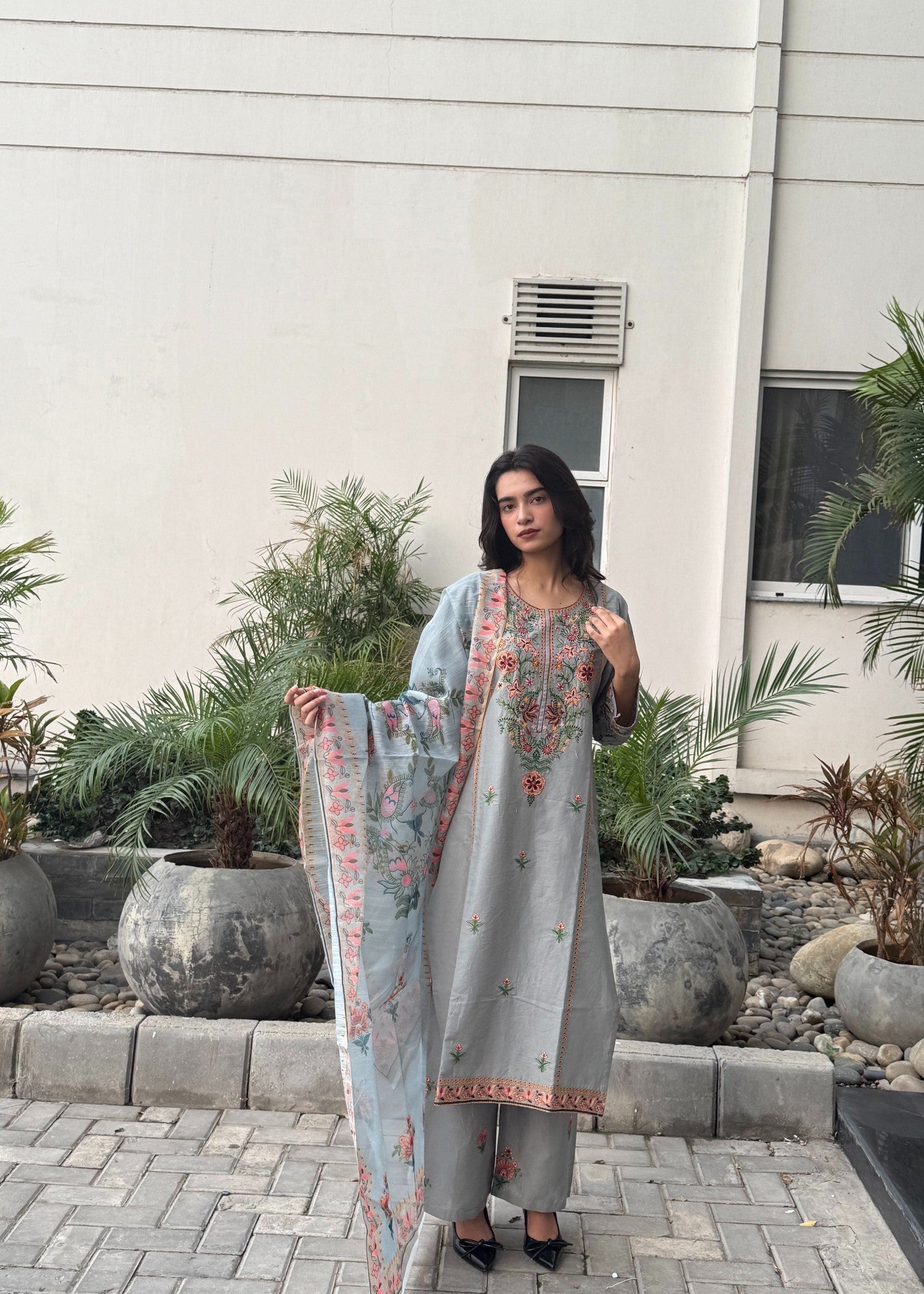Attirepret Ash Grey : Embroidered Cotton Suit Women 3pcs