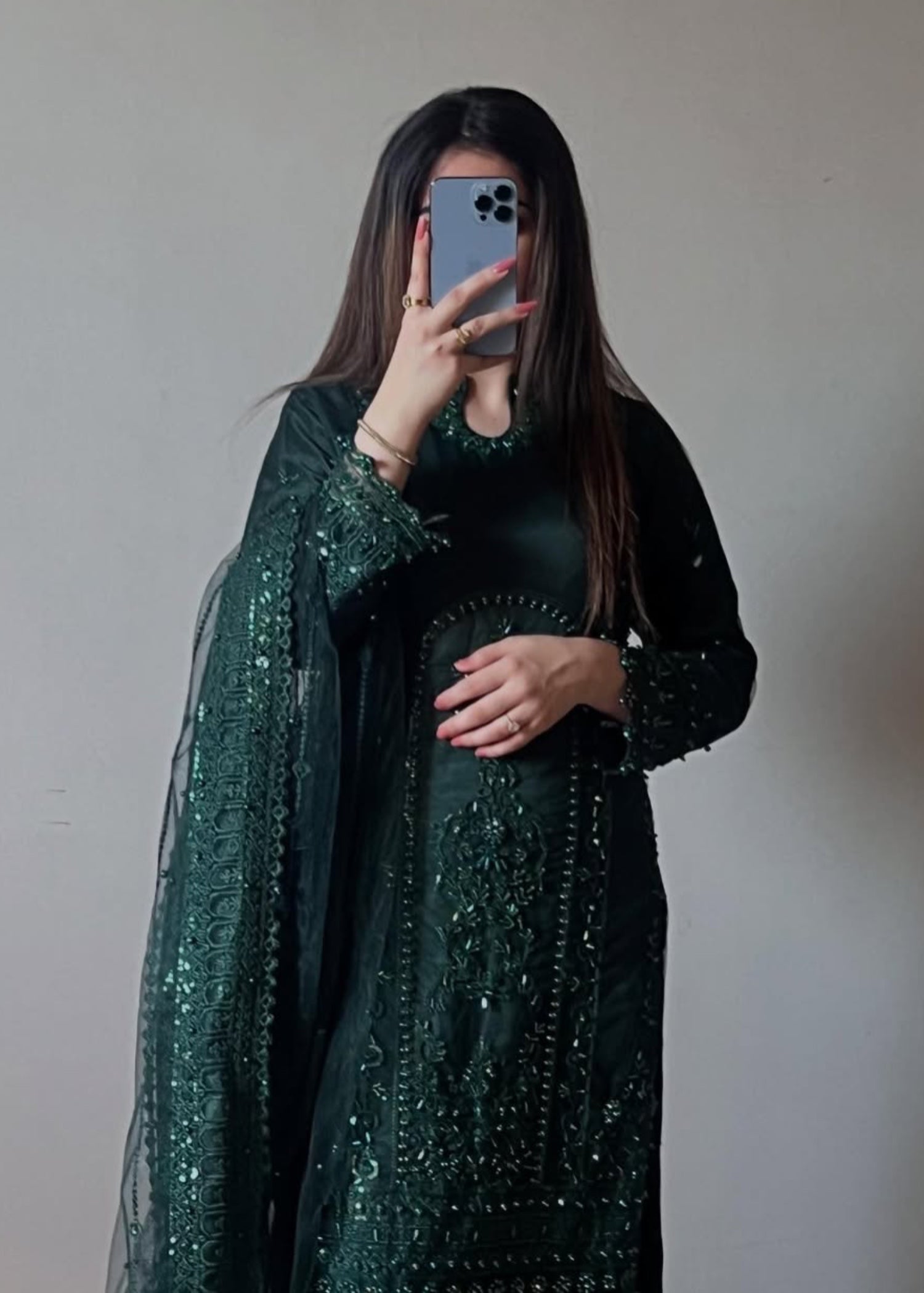 Suits By Sadia Bottle green net Women 3pcs