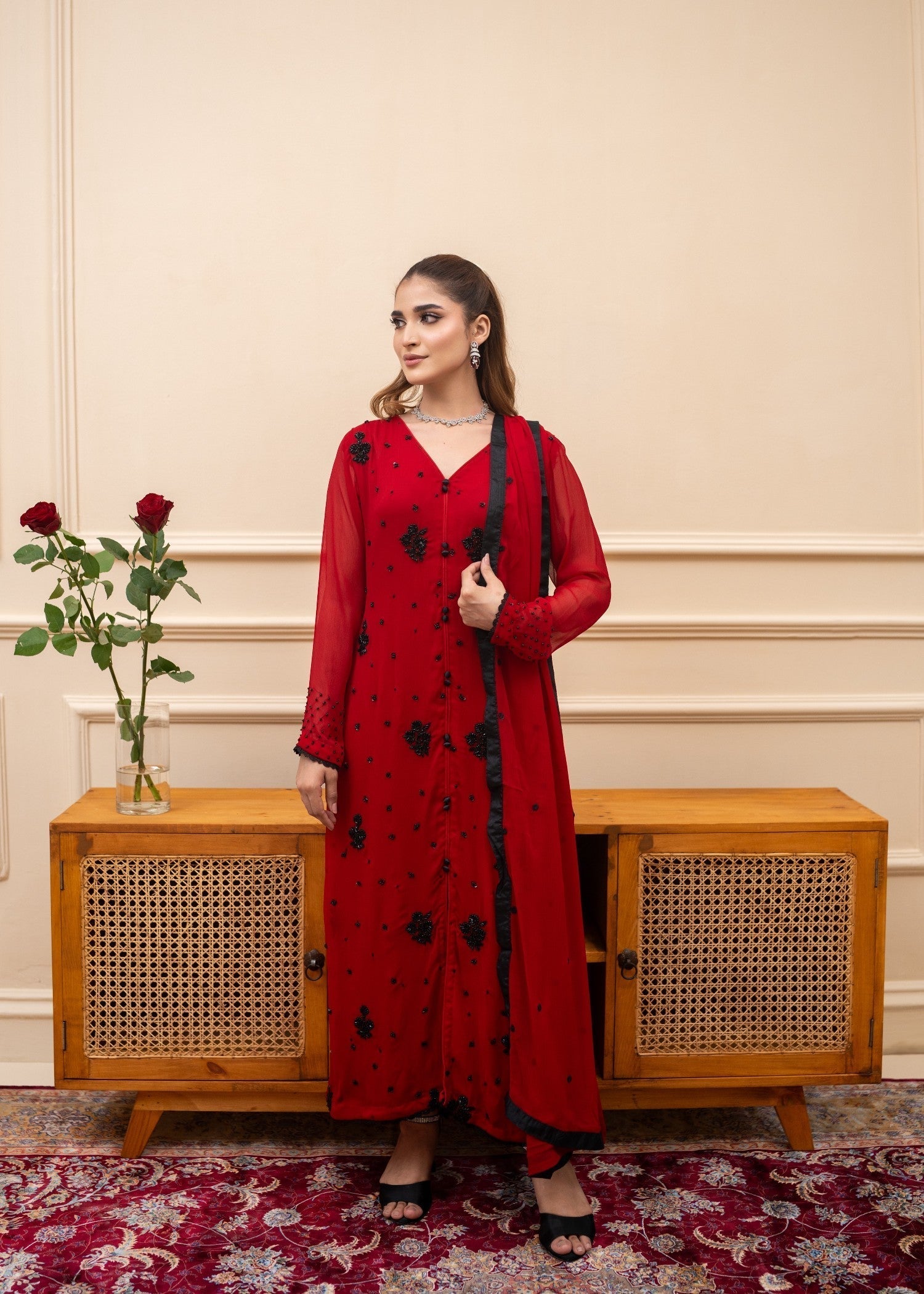 Alyssa RED CHIFFON SUIT ALL115 Women 3pcs