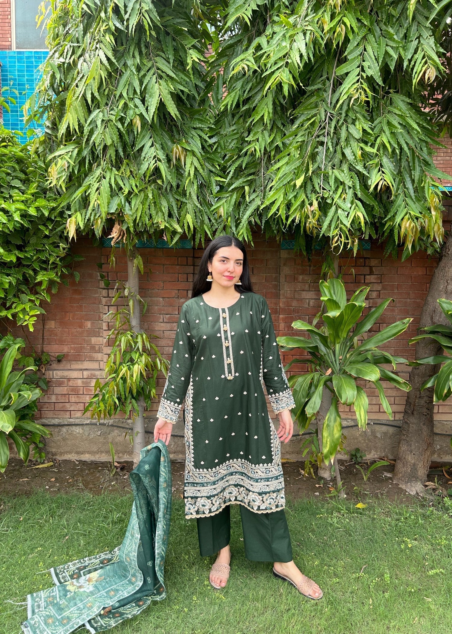 Attirepret Dark Green Viscose Embroidered Cotton Suit Women 3pcs