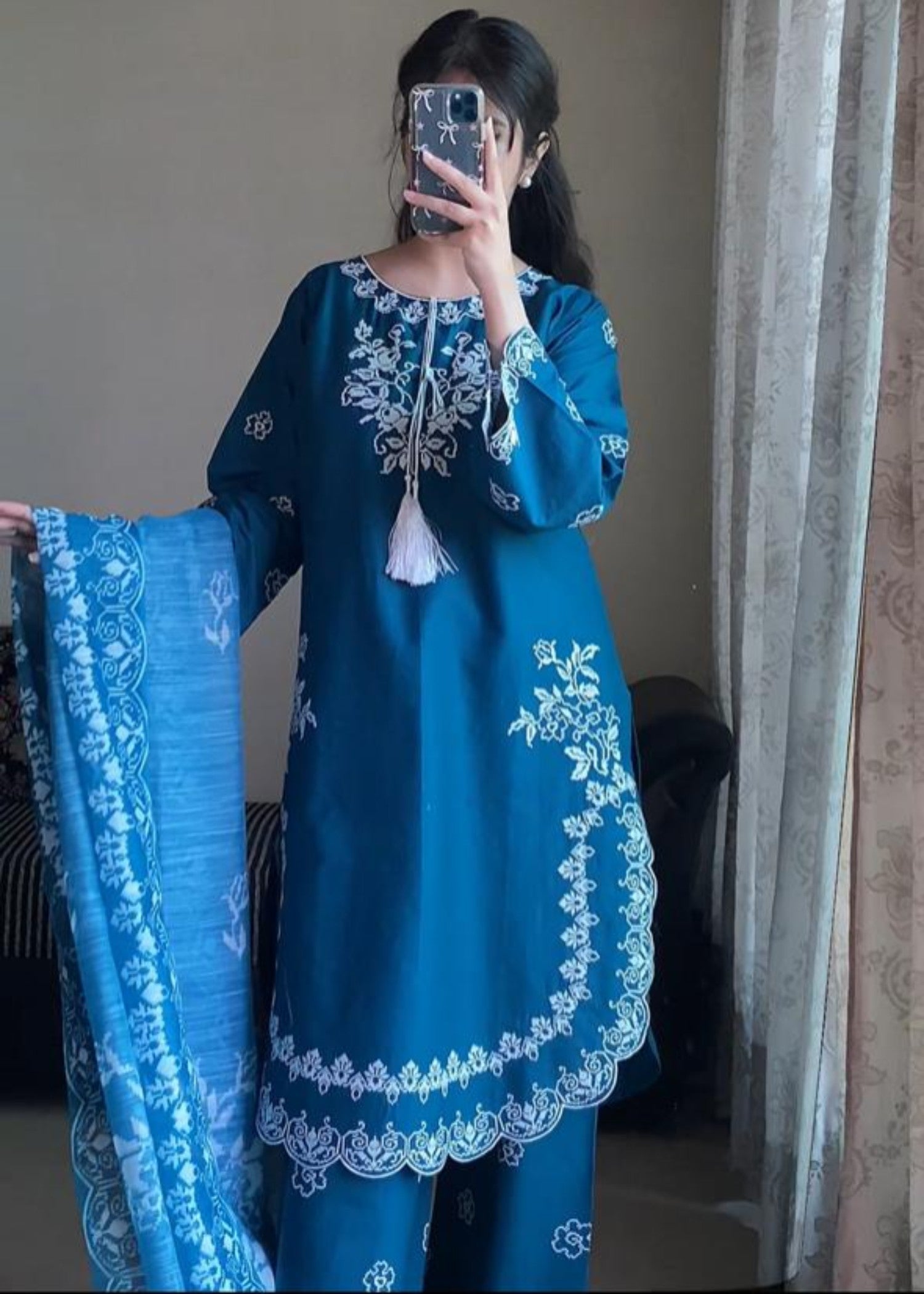 Attirepret Sapphire Blue Embroidered Cotton Suit Women 3pcs