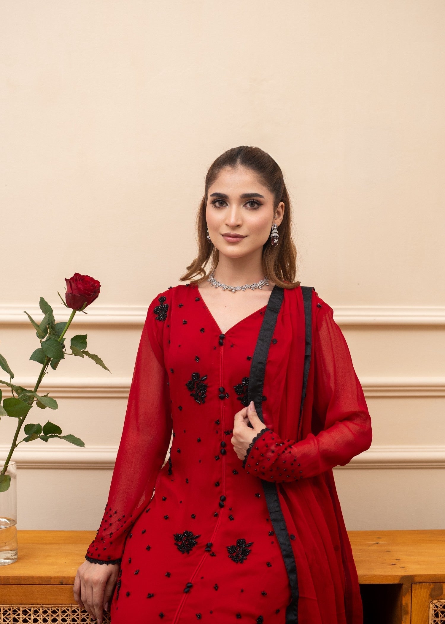 Alyssa RED CHIFFON SUIT ALL115 Women 3pcs