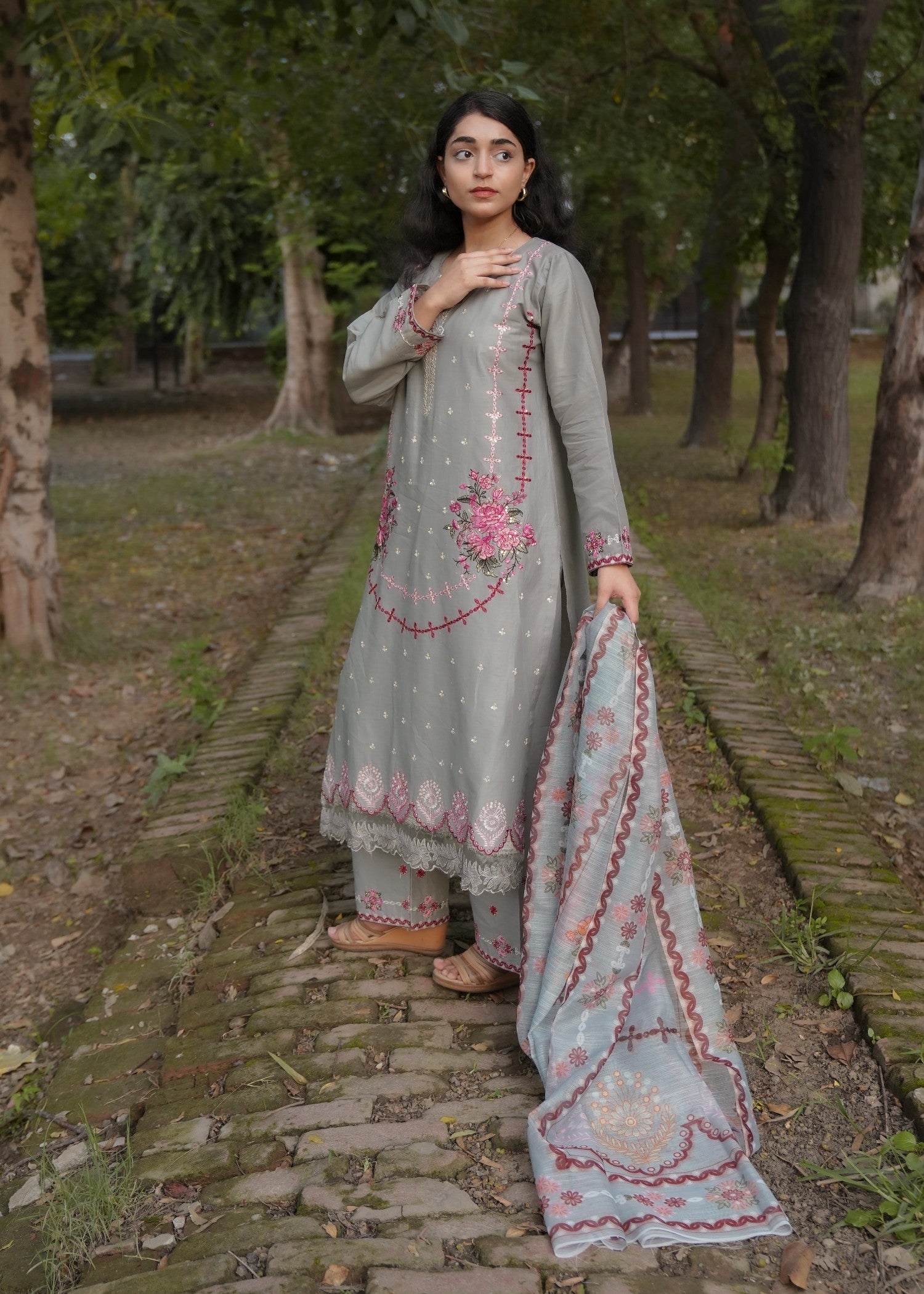 Attirepret Pastel Grey Elegance – Cotton Suit Women 3pcs