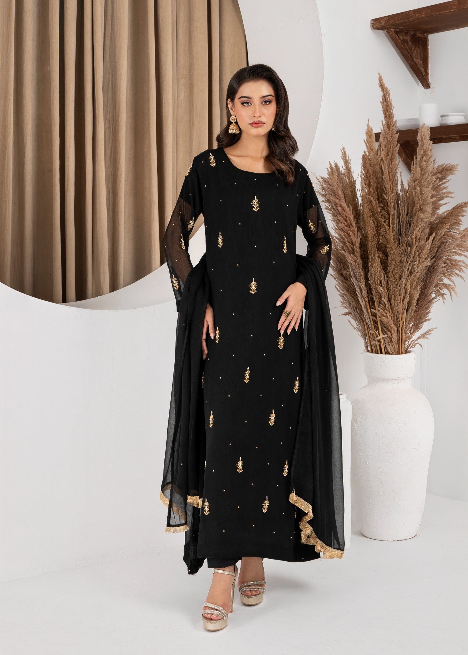 Hkb Officials Jasmine Black Chiffon Flare Frock Women 3pcs