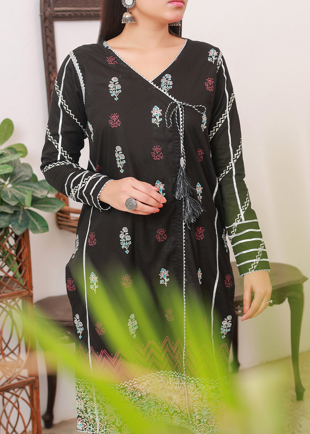 Green Black lawn block print stitched kurti Women 1pcs