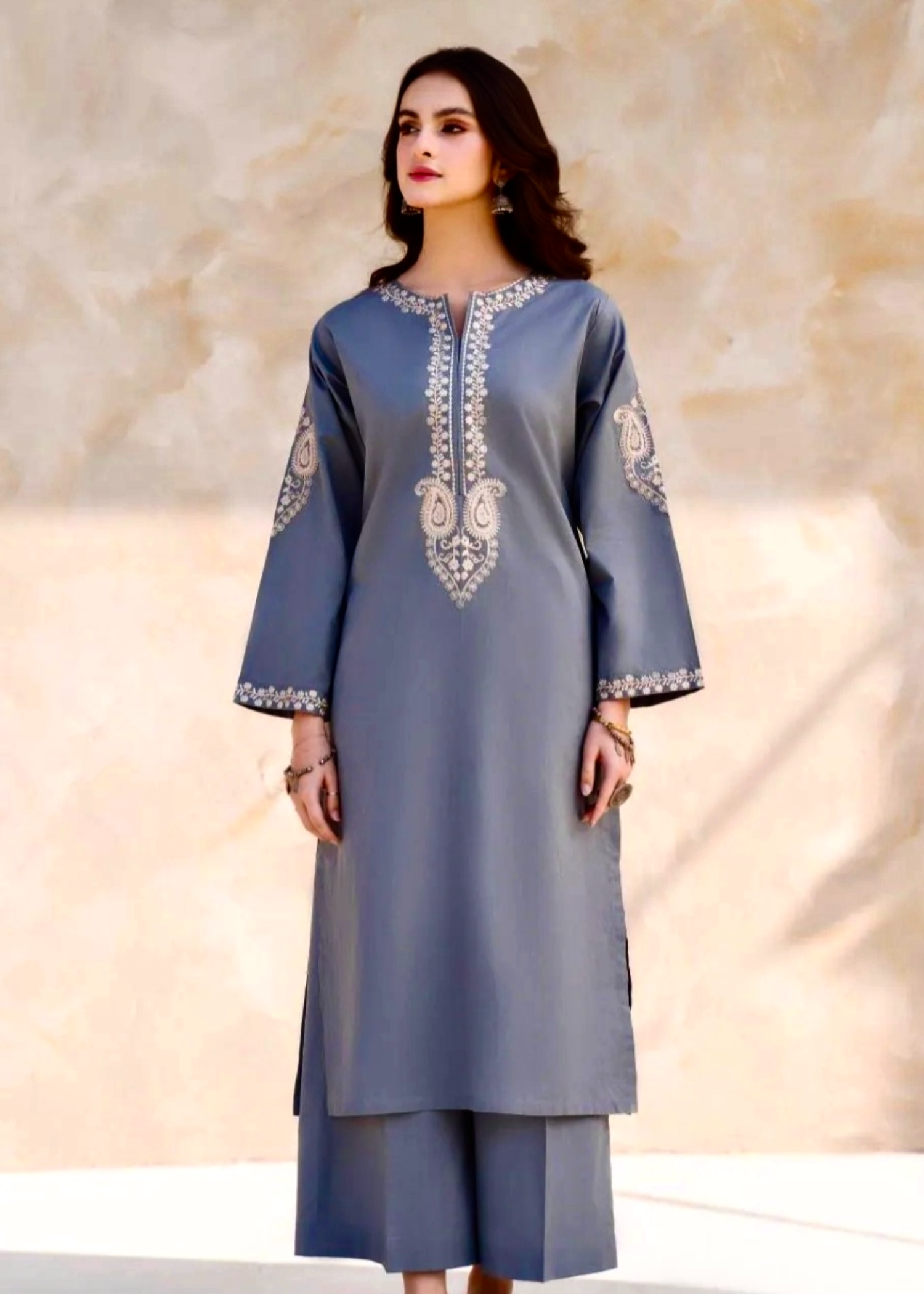 Sajfi Closet Ash Grey Embroidered Stitched Suit for Women Women 2pcs