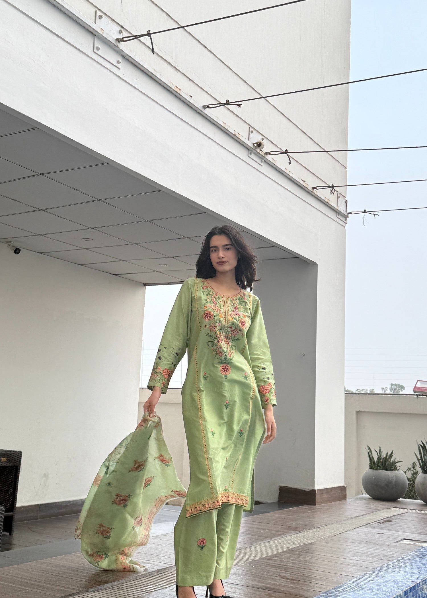 Attirepret Fresh Pistachio Bloom: Embroidered Cotton Suit Women 3pcs