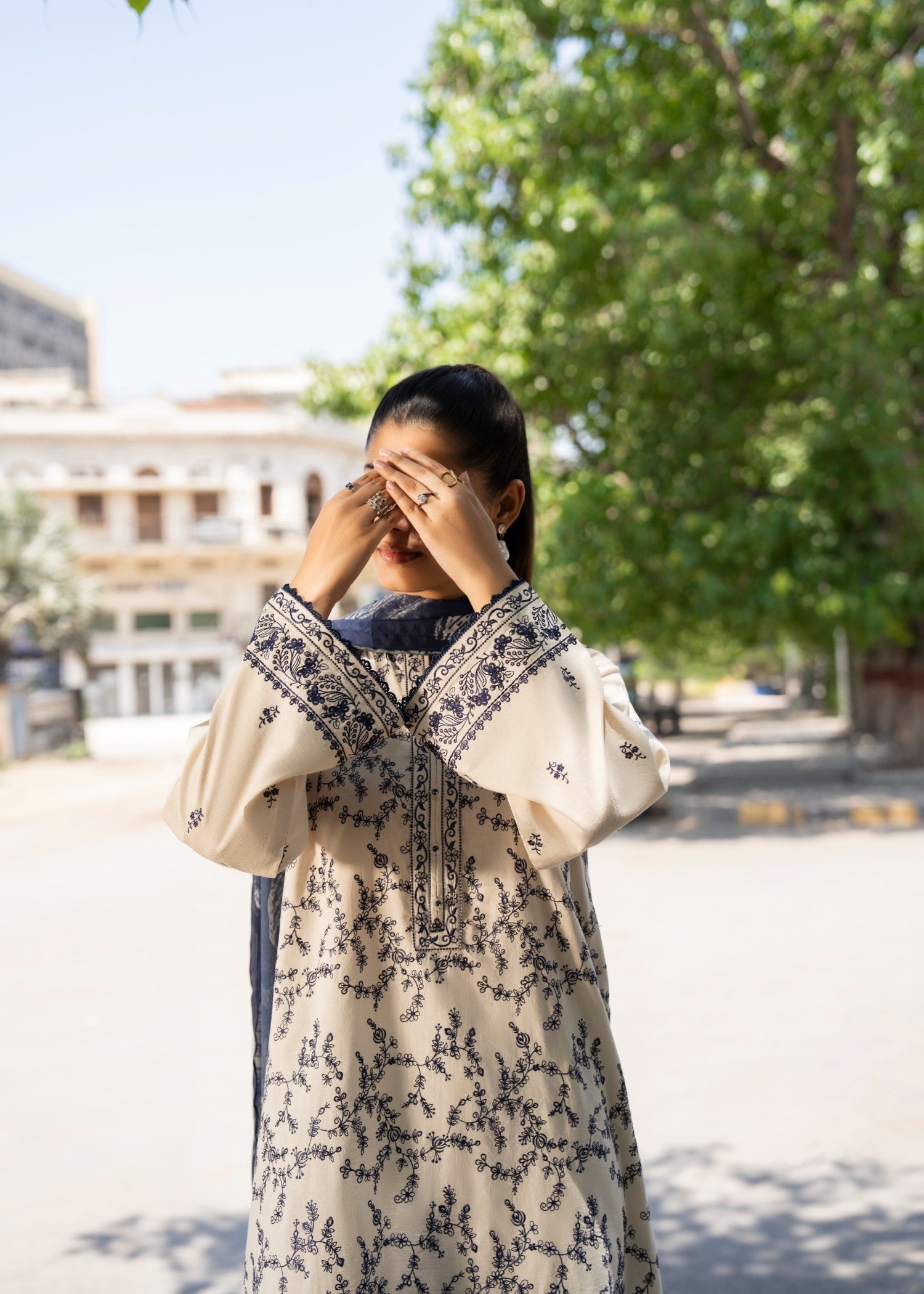 Casual Lite Cotton Emb Suit Beige 2 Women 3pcs