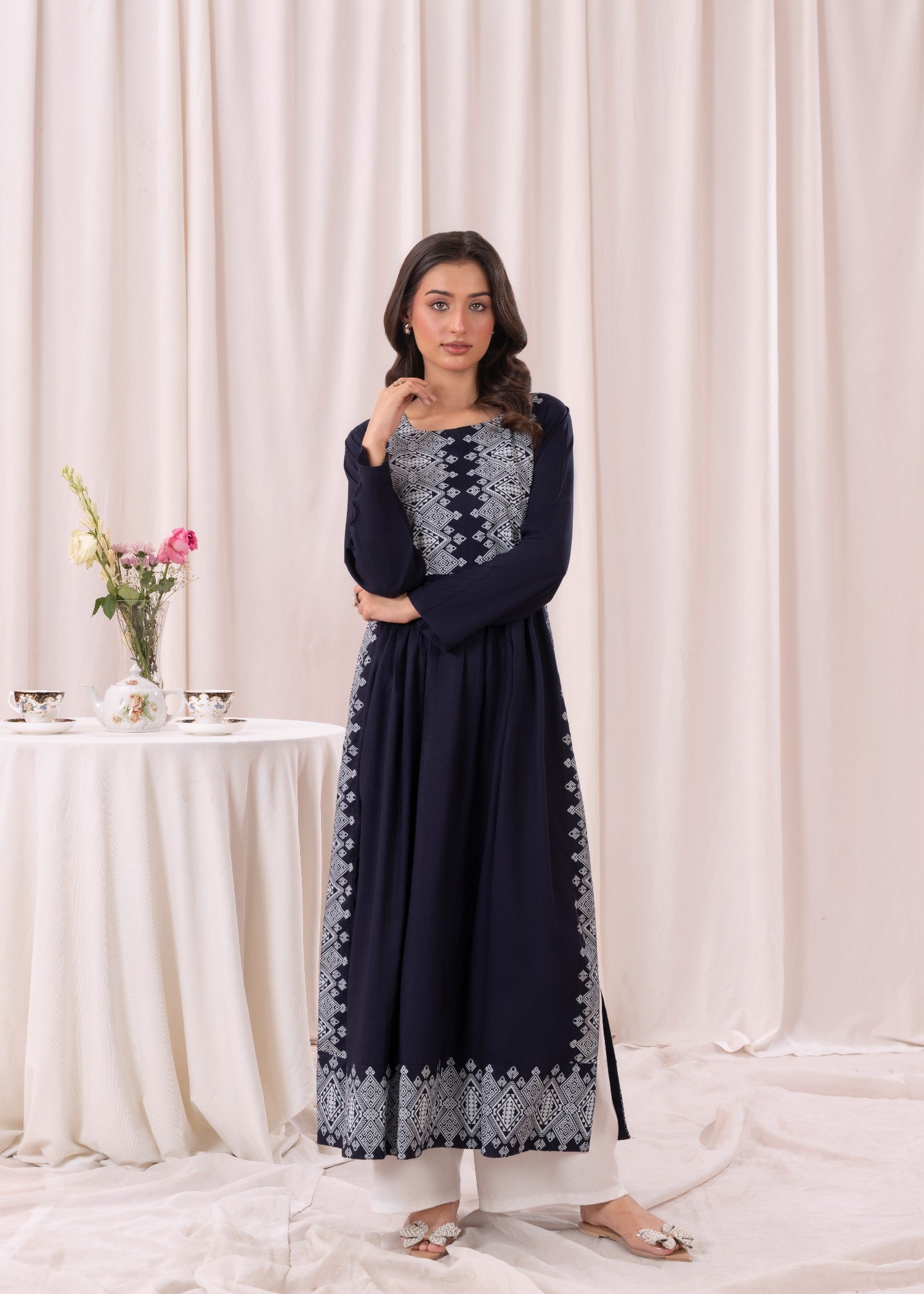 Laal Kurti Blue White printed long kurta D118 Women 1pcs