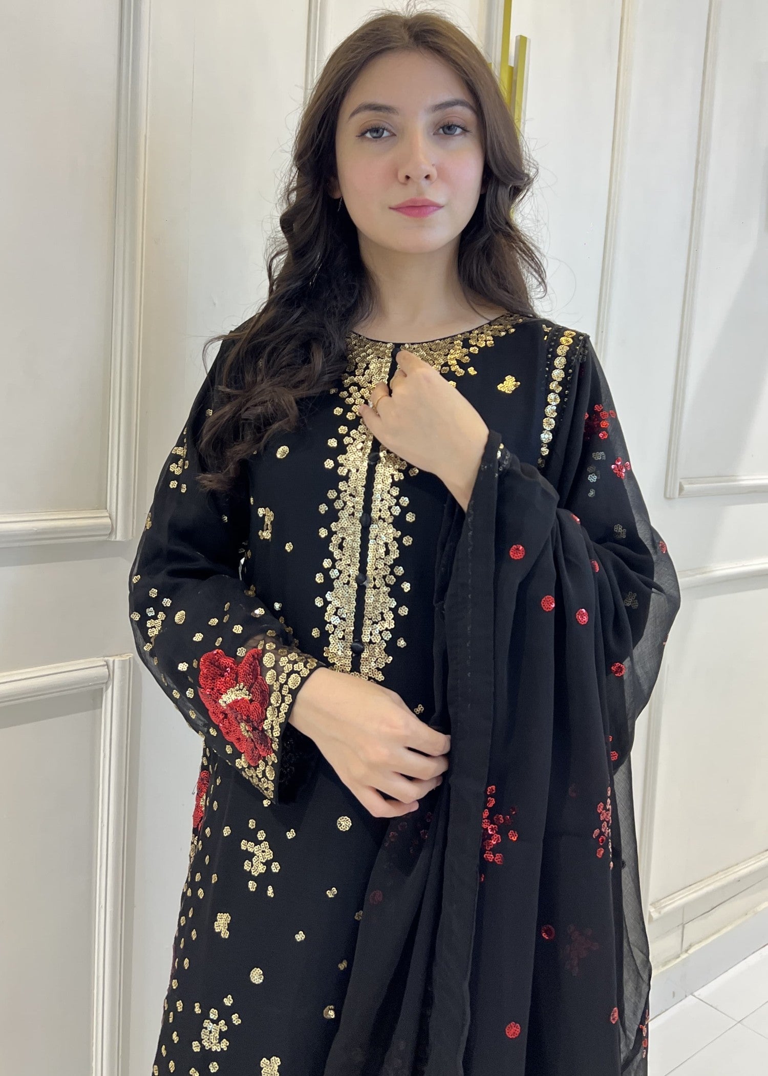 Shrenz Pret Shrenz Black Sequence Pret Chiffon Women 3pcs