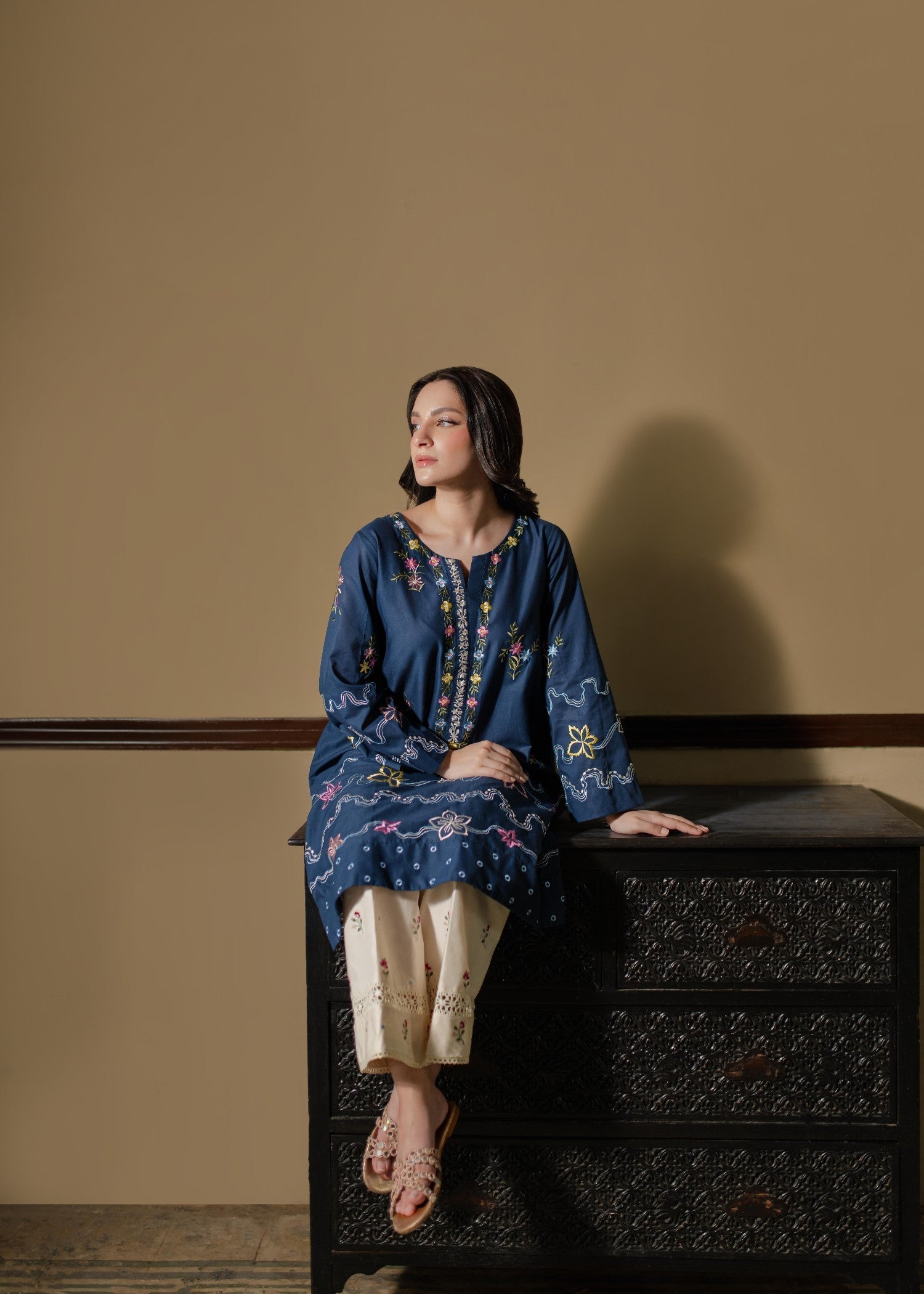 Azulie Navy Embroidered Kurta by Women 1pcs