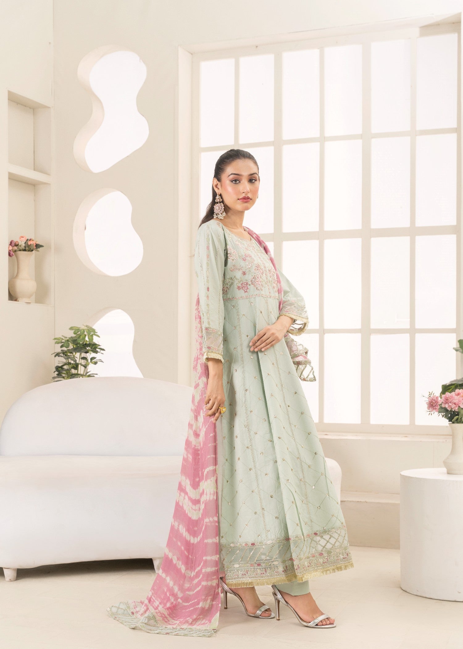 Khubsurat 3802 KH CT Tea Green Embroidery Long Frock Cotton Women 3pcs