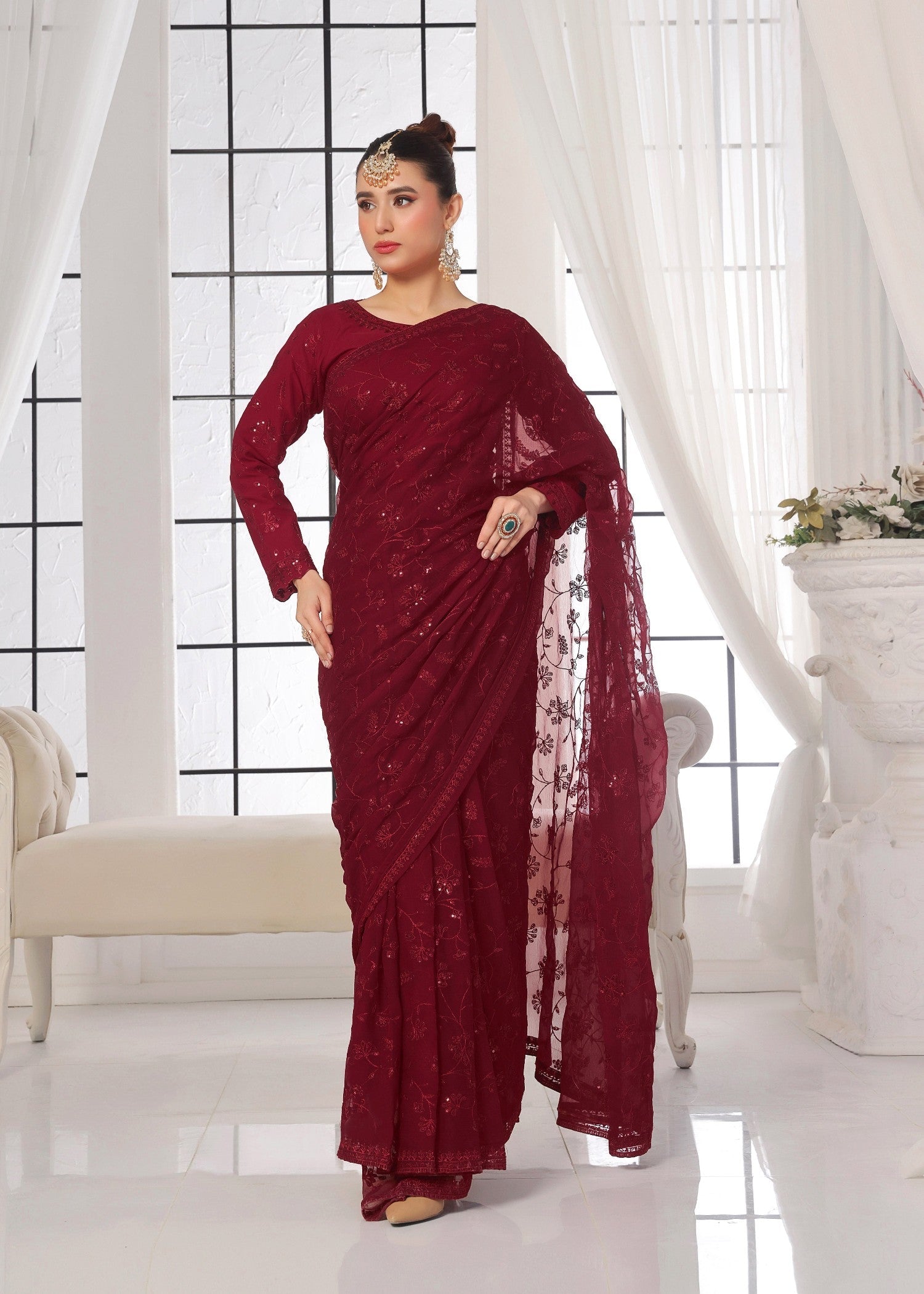 Luxeurs Maroon Chiffon Stitched Saree Women 3pcs
