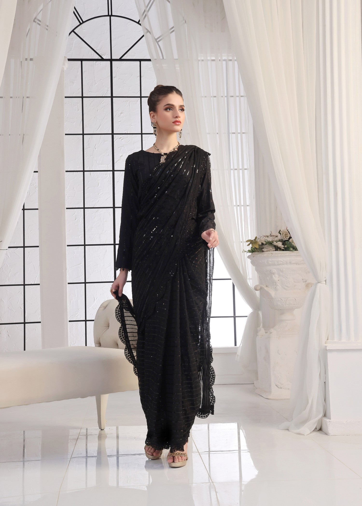Luxeurs Black Chiffon Stitched Saree Women 3pcs