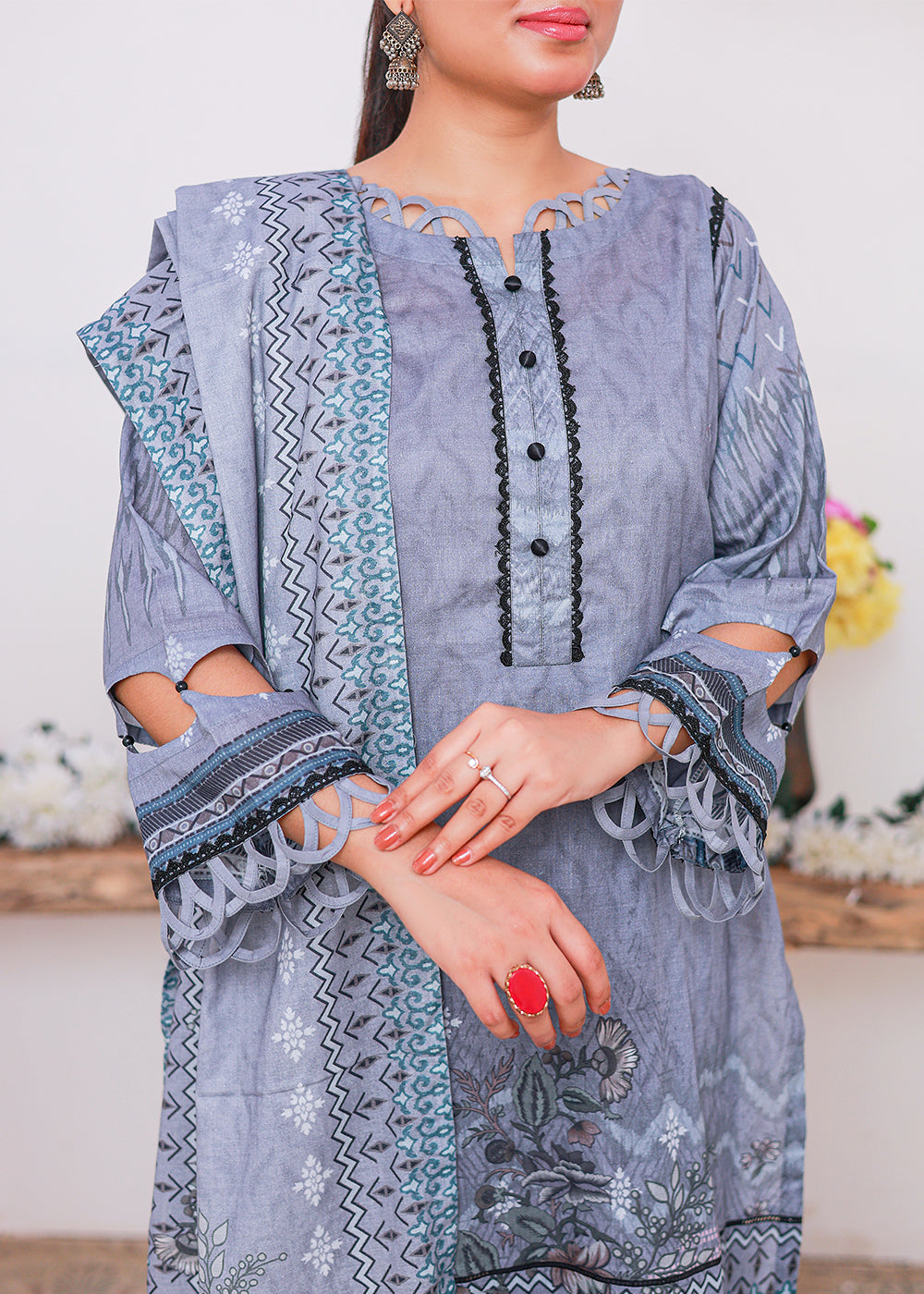 Green Gray printed stitched lawn suit Women 3pcs