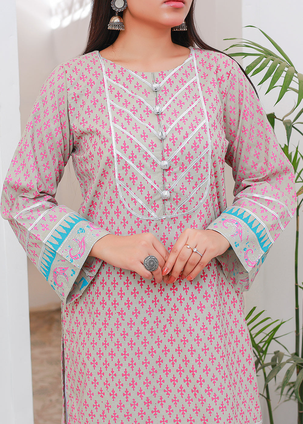 Green Block print Kurti Stitched Ash grey Women 1pcs