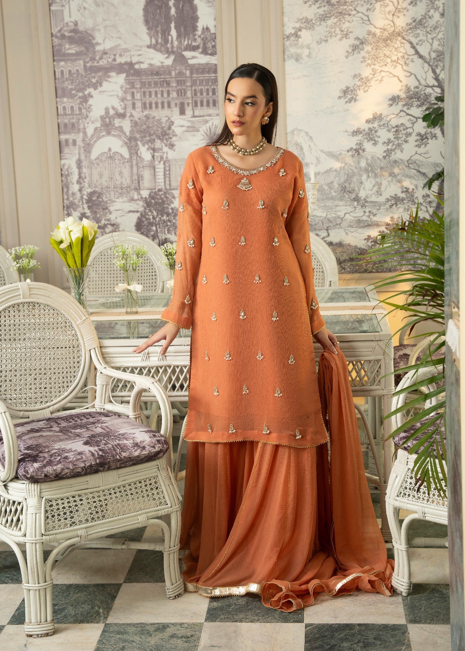 Maira Fashion Rust Orange Sharara Women 4pcs