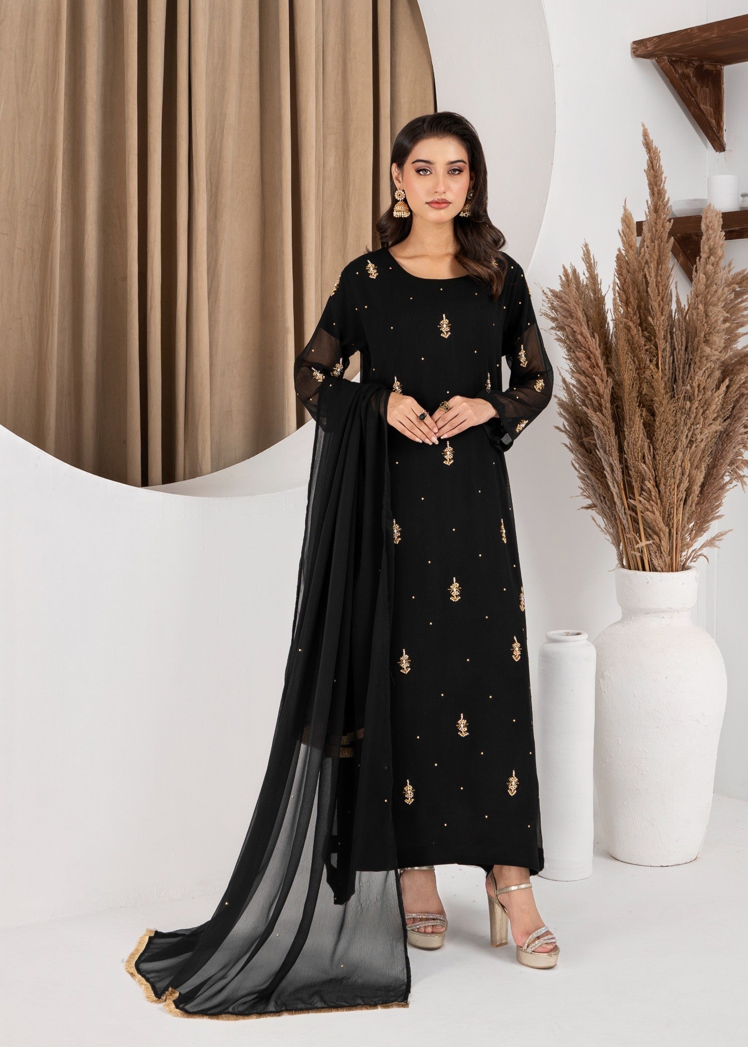 Hkb Officials Jasmine Black Chiffon Flare Frock Women 3pcs