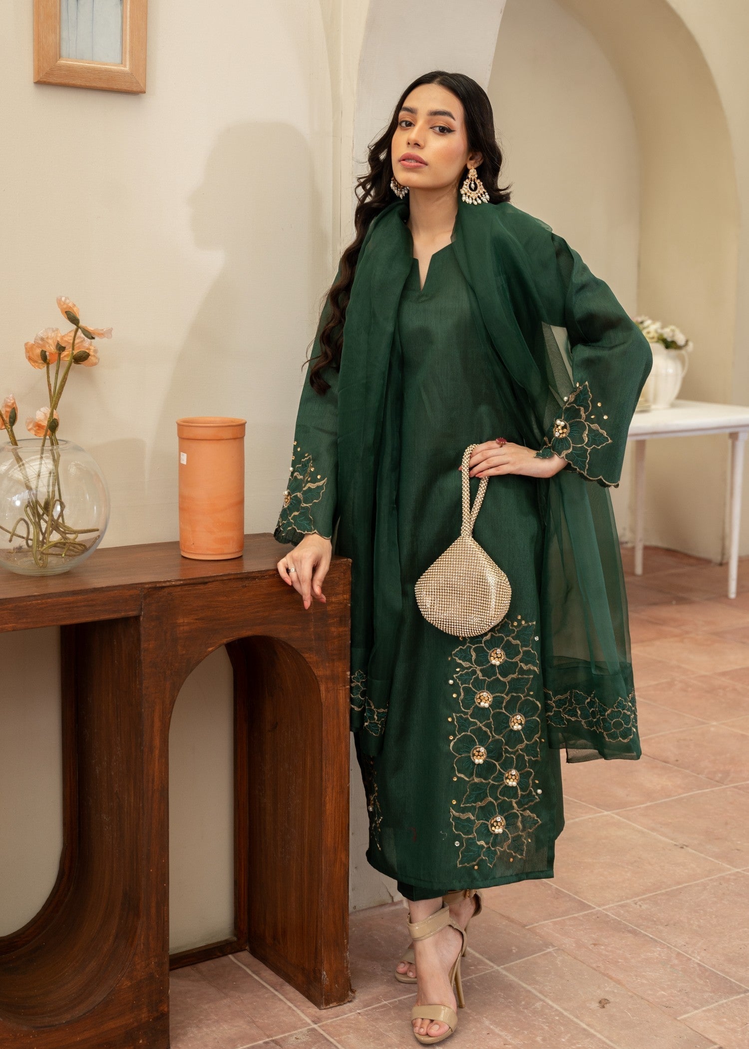 Naaz Couture Hand Embellished Raw Silk Suit Bottle Green Women 3pcs