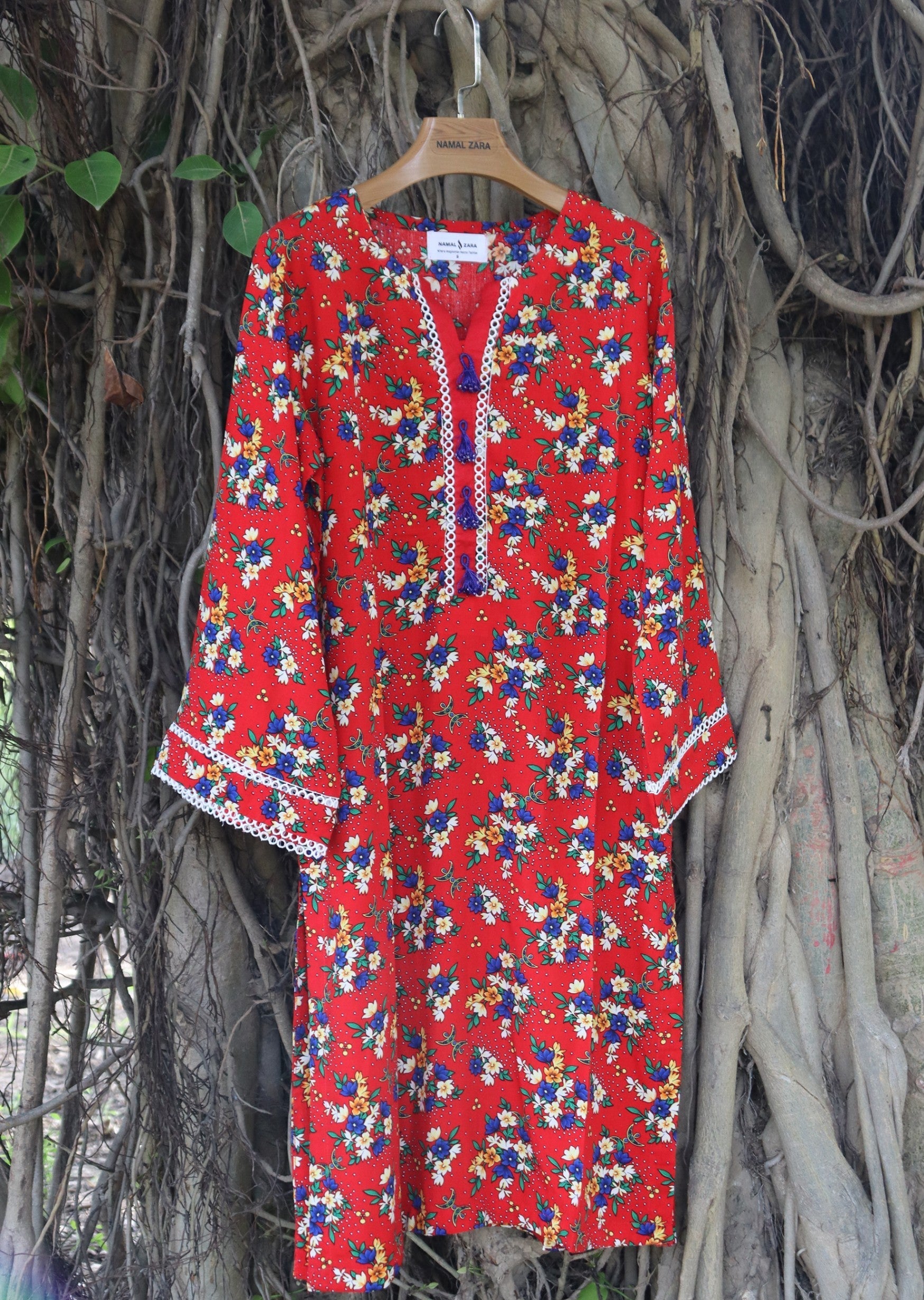 Namal Zara Ltd Co Ord Linen Set Dark Red Floral Women 2pcs