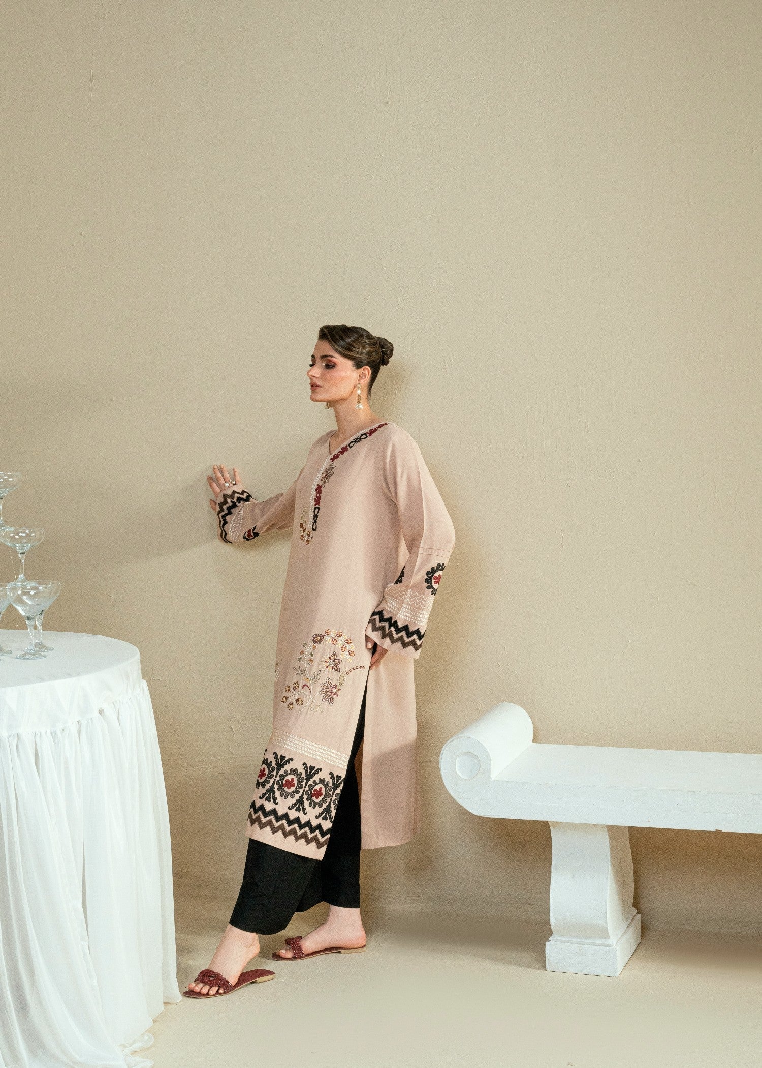 Kaanthaa KPES01 BEIGE CROSSHATCH COTTON VISCOSE STITCHED Women 2pcs