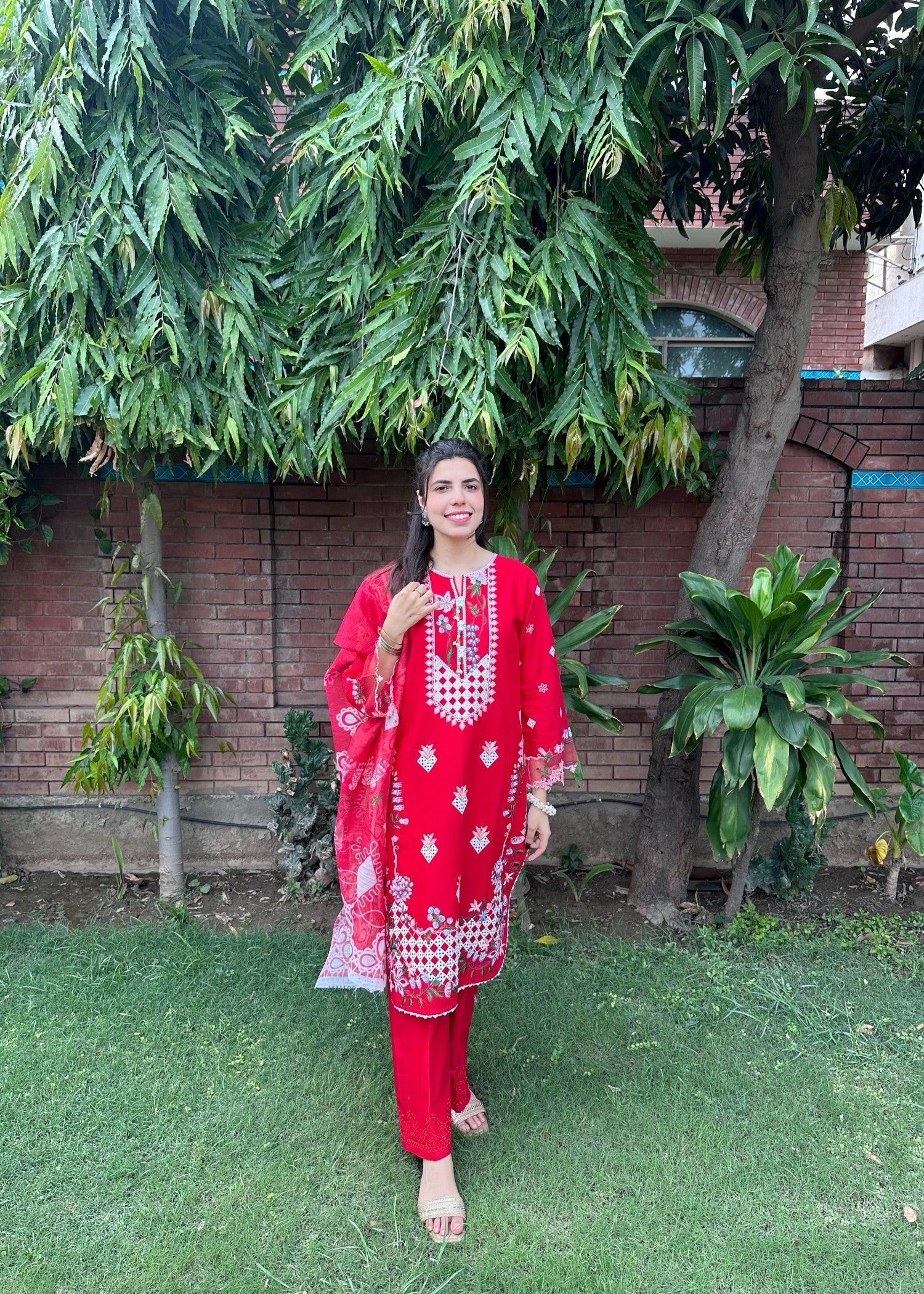Attirepret Radiant Red Embroidered Cotton Suit by Women 3pcs