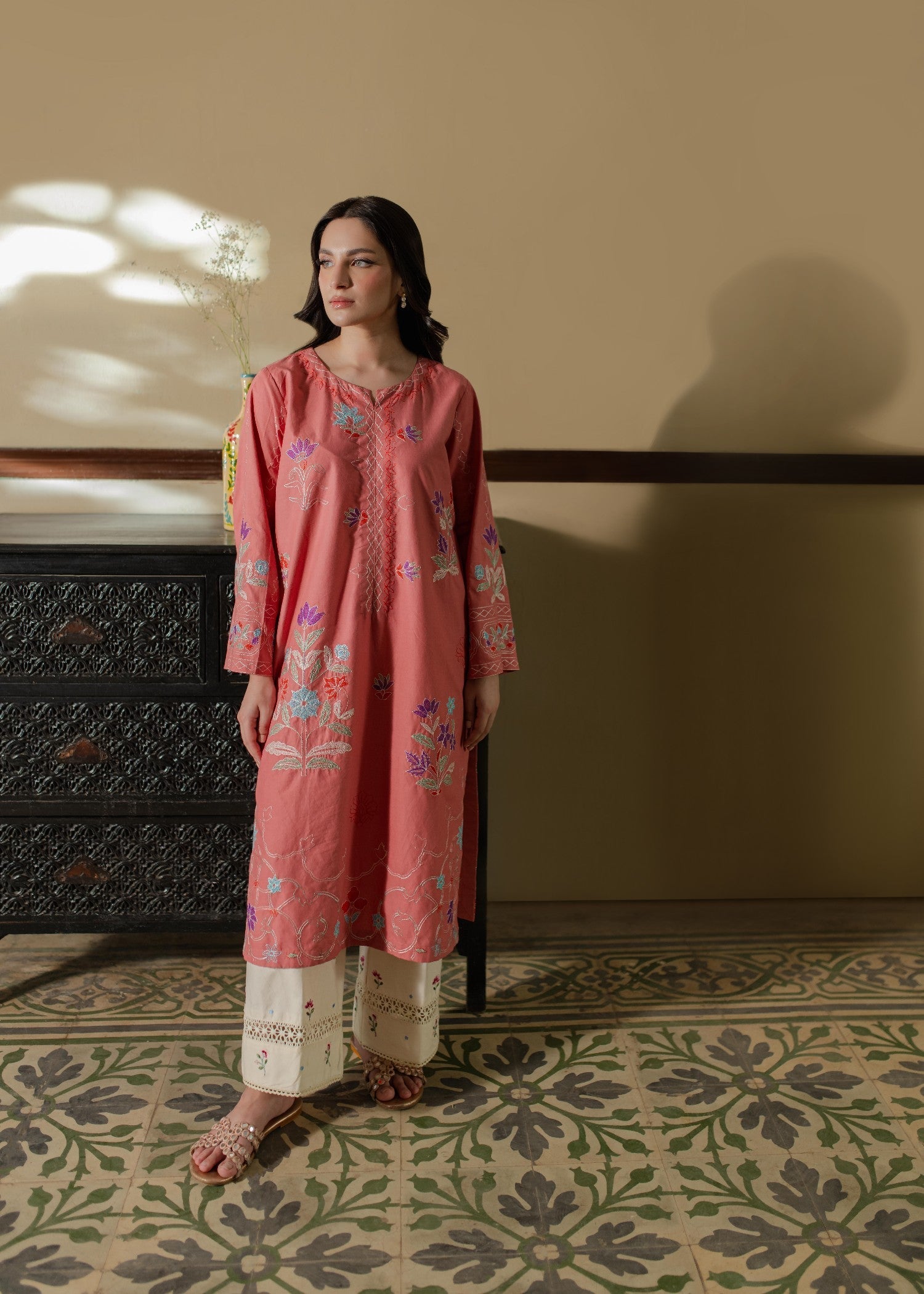 Azulie Pink Embroidered Kurta by Women 1pcs