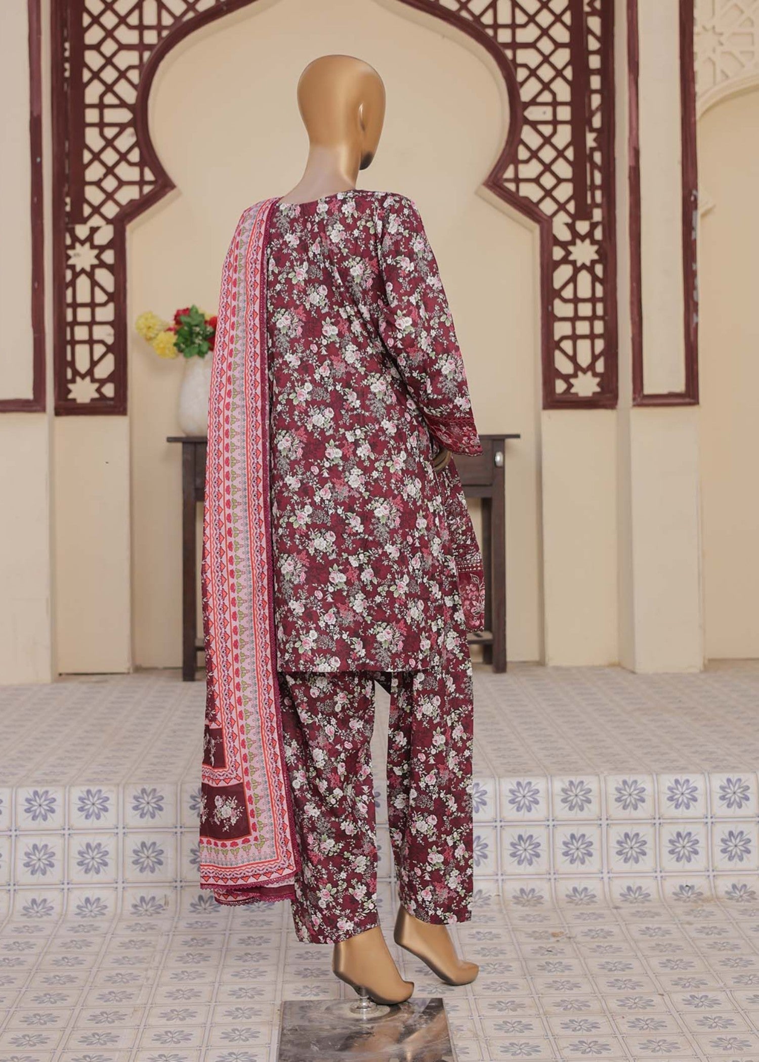 Suntex Fabrics MAROON Farshi Shalwar Printed Chikankari Embroidered Collection Women 3pcs