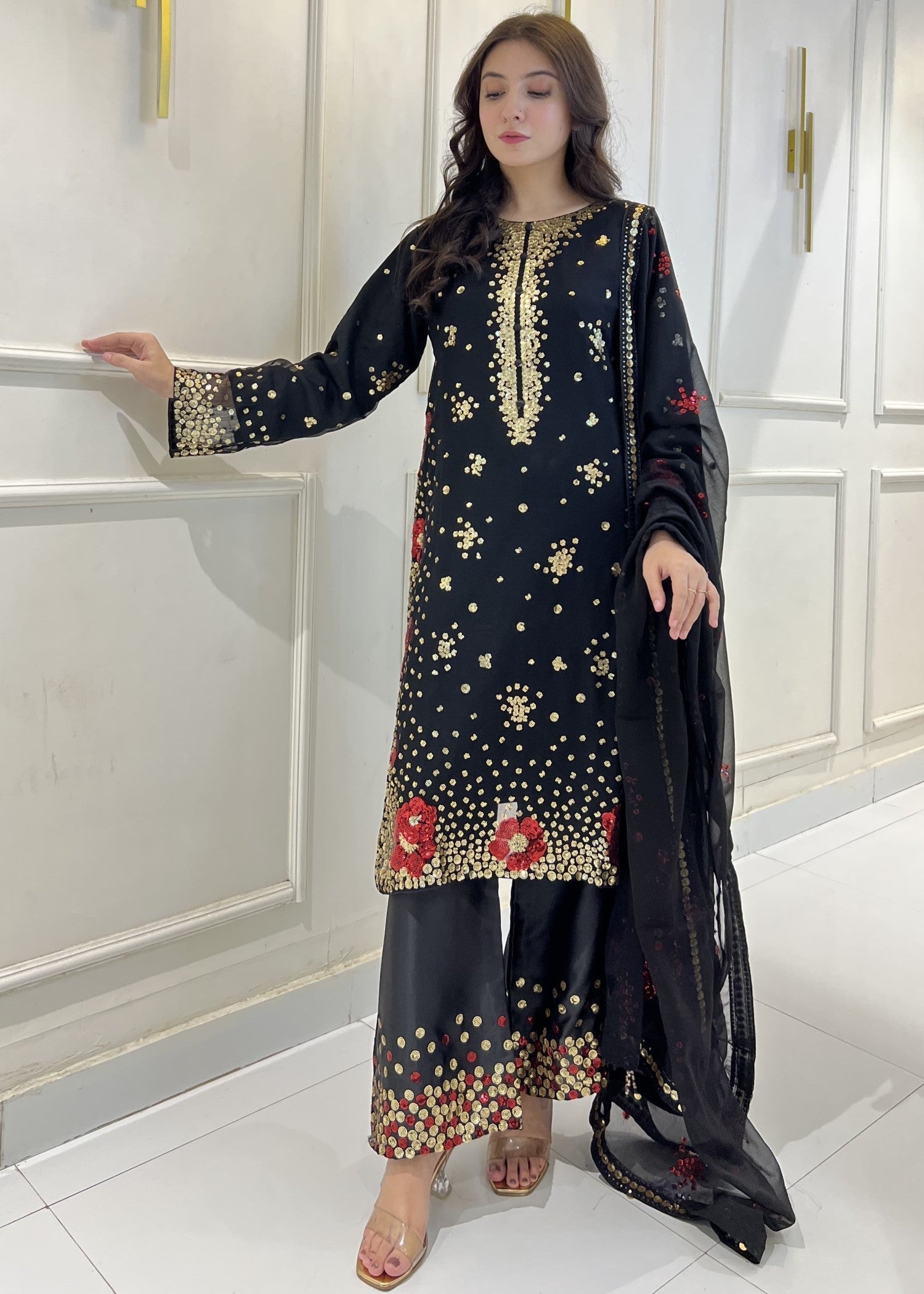 Shrenz Pret Shrenz Black Sequence Pret Chiffon Women 3pcs