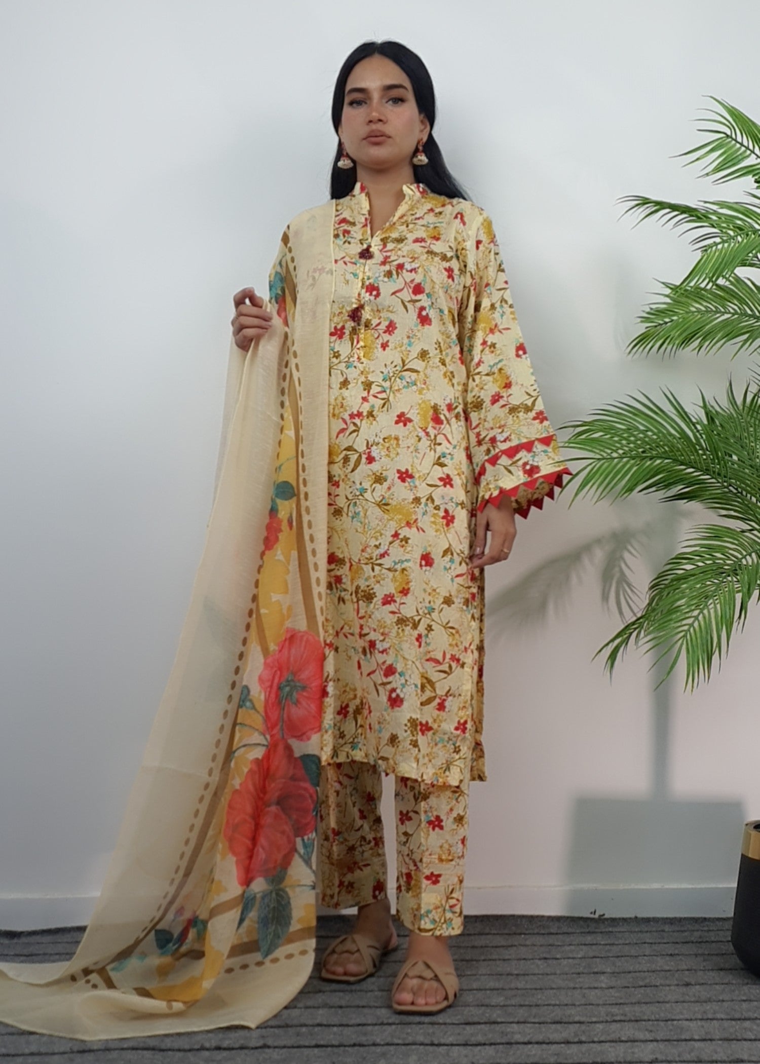 Namal Zara Ltd Summer Pret Lawn Light Yellow Floral Design Women 3pcs