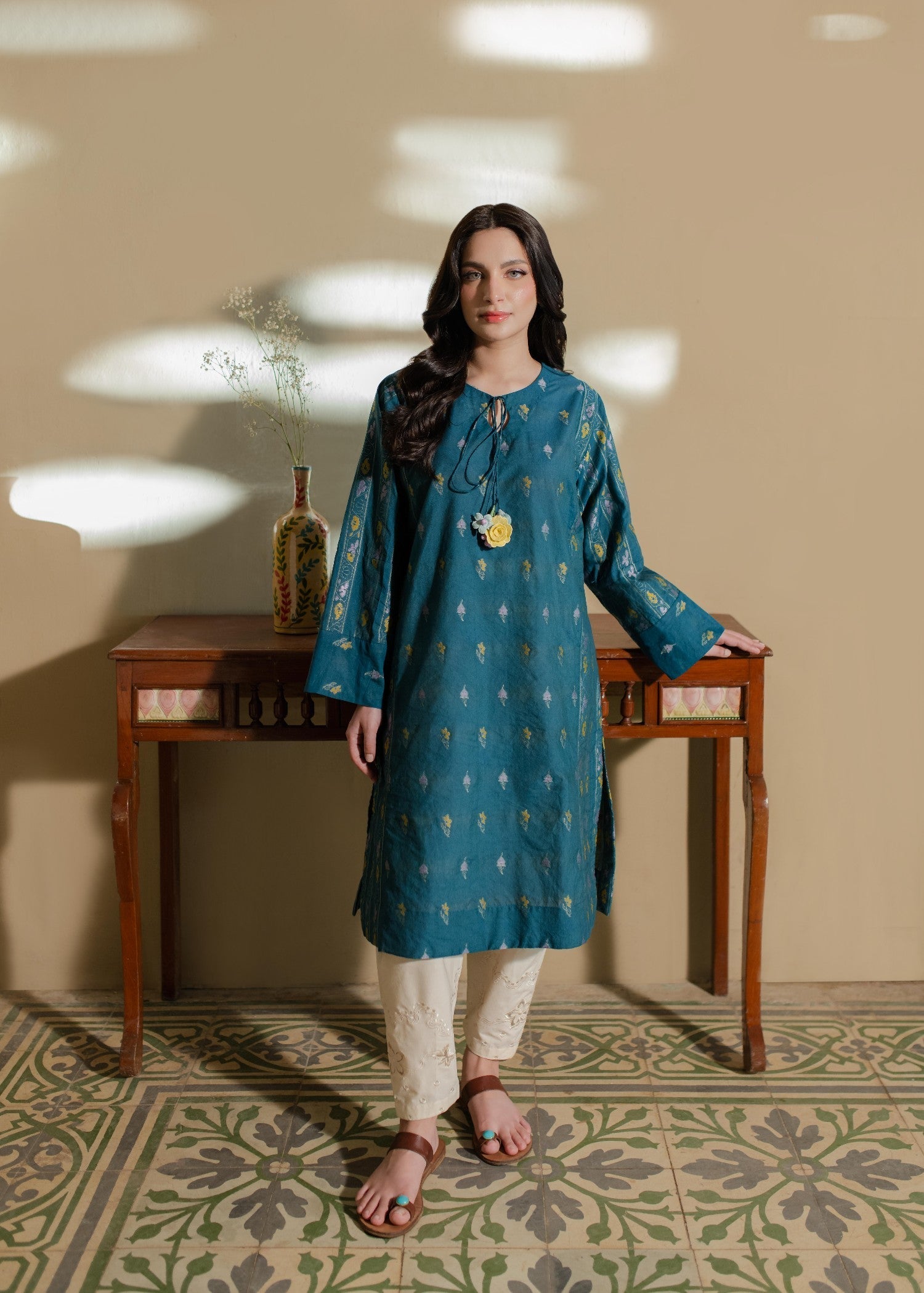 Azulie Teal Woven Kurta by Women 1pcs