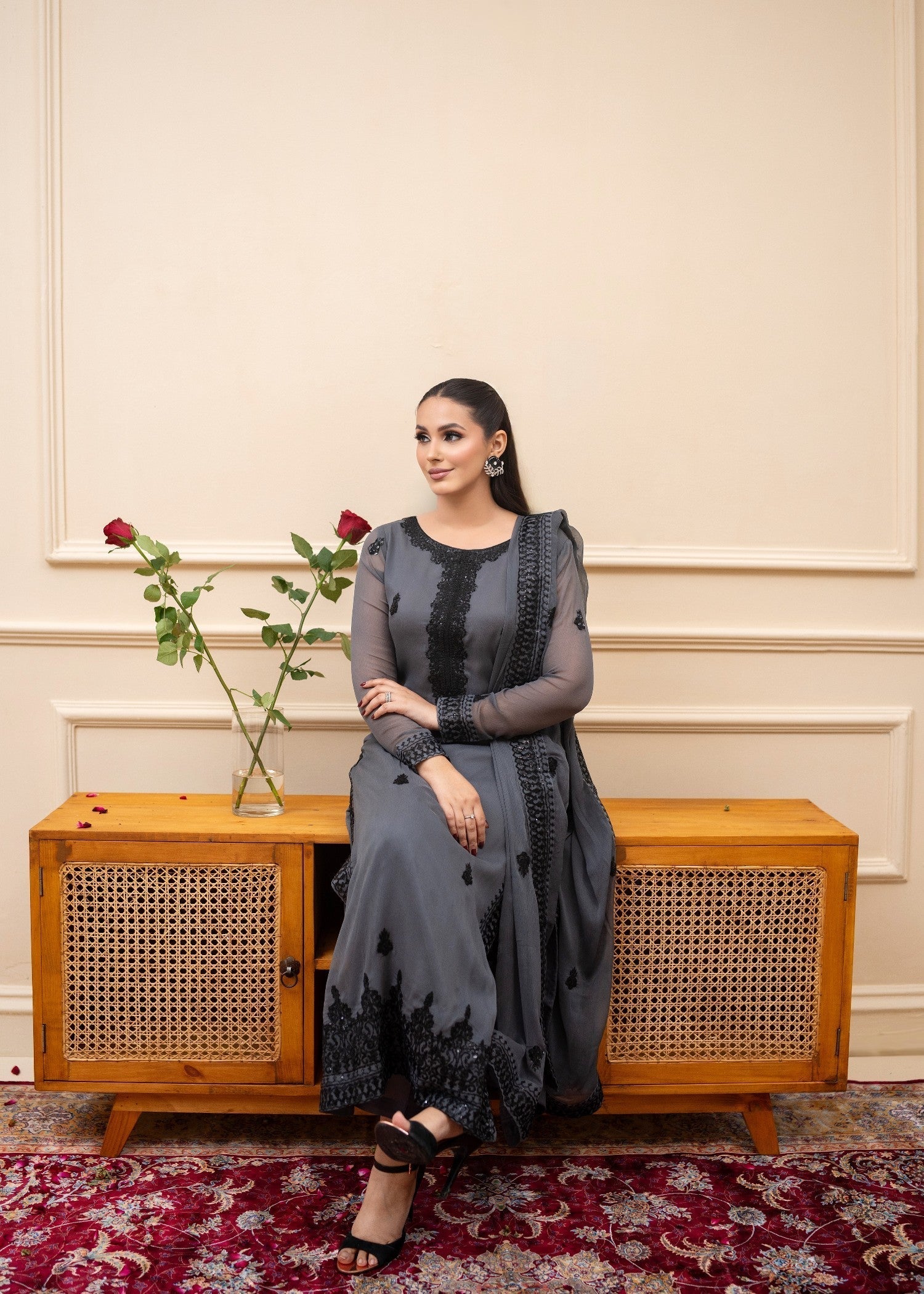 Alyssa GREY CHIFFON SUIT ALL308 Women 3pcs