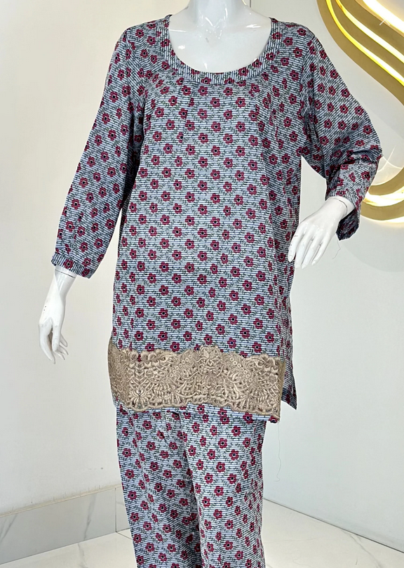 Symas Pure Soft Lawn Printed Co Ord Set with Beige Lace Women 2pcs