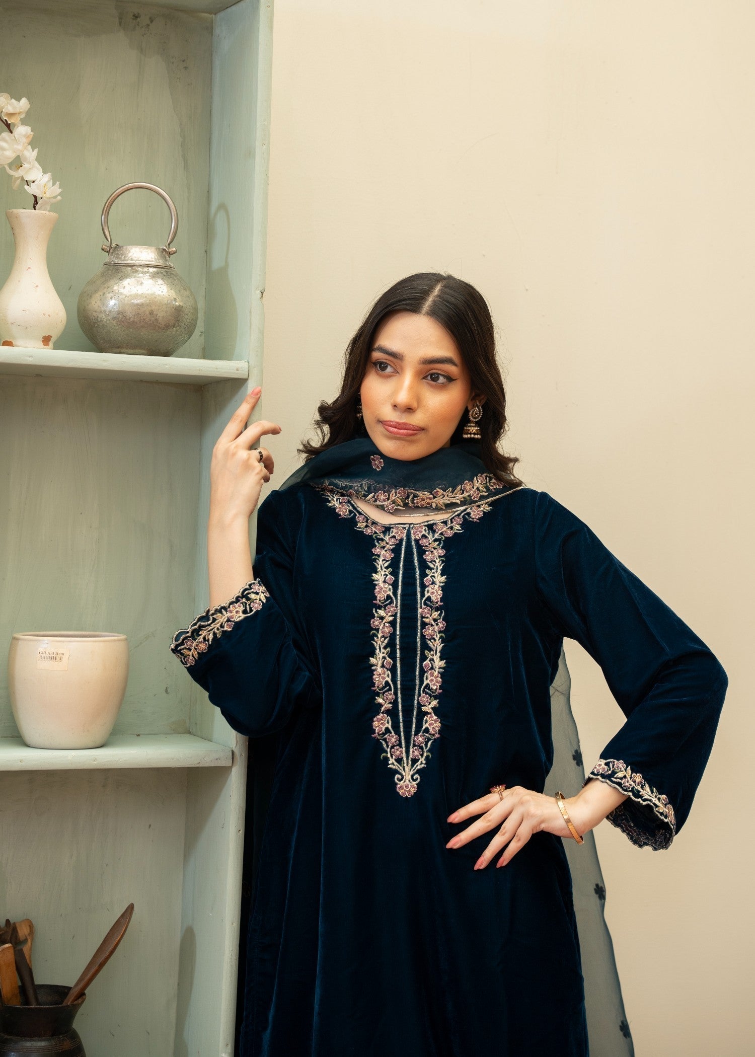 Naaz Couture Velvet Embroidered Suit Teal Women 3pcs