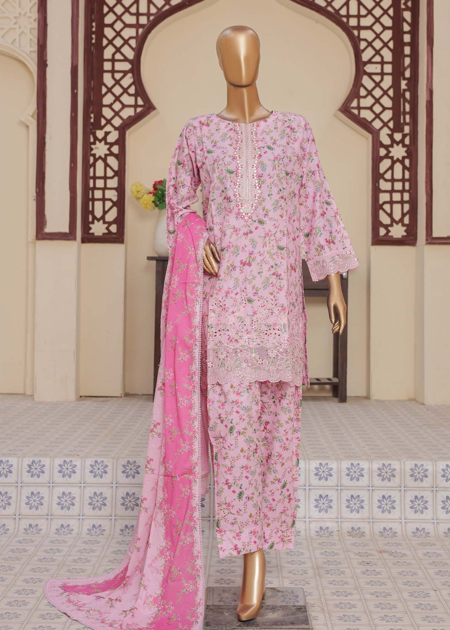 Suntex Fabrics PINK Printed Chikankari Embroidered Collection Women 3pcs