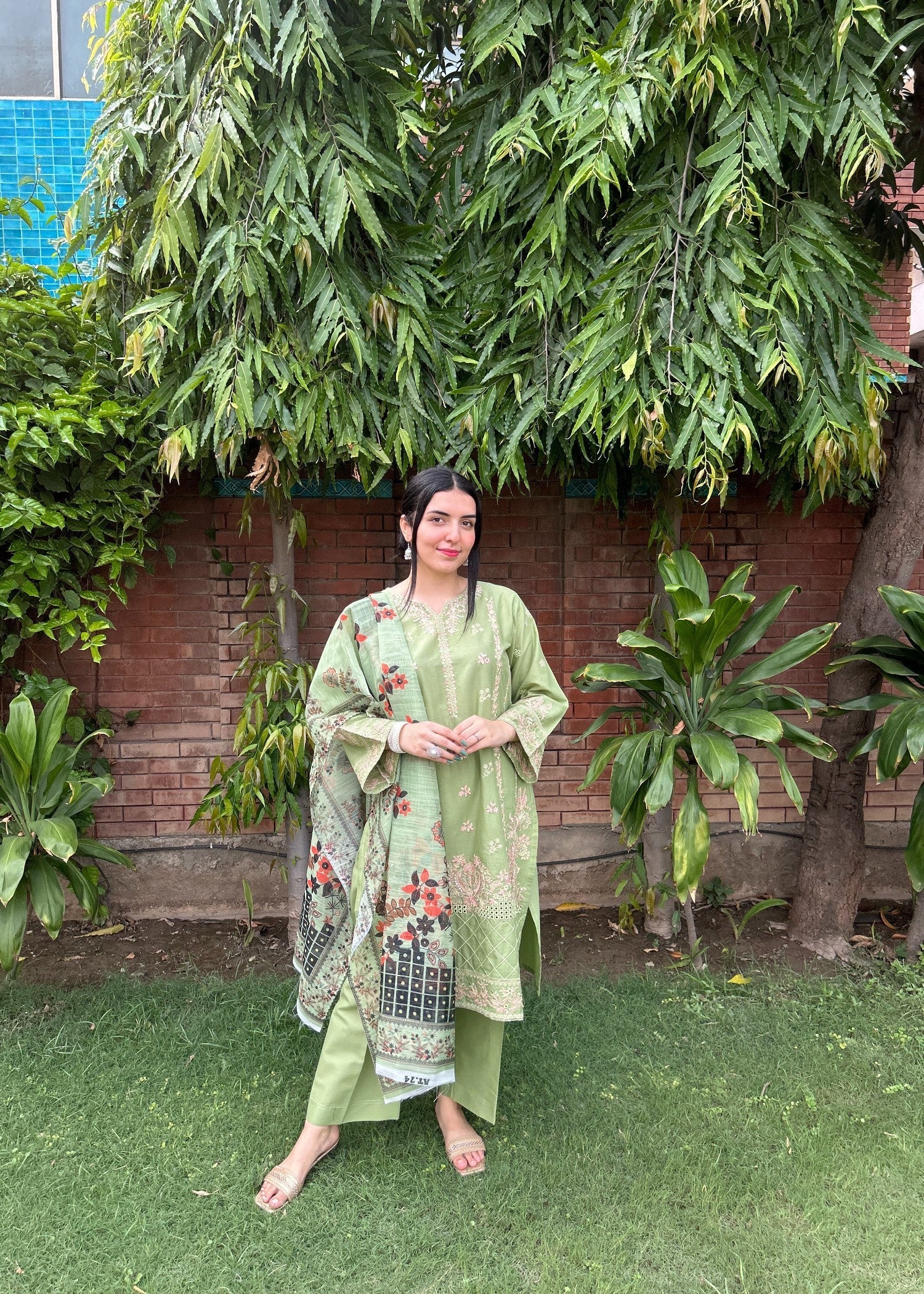 Attirepret Pista Green Cotton Embroidered Suit Women 3pcs