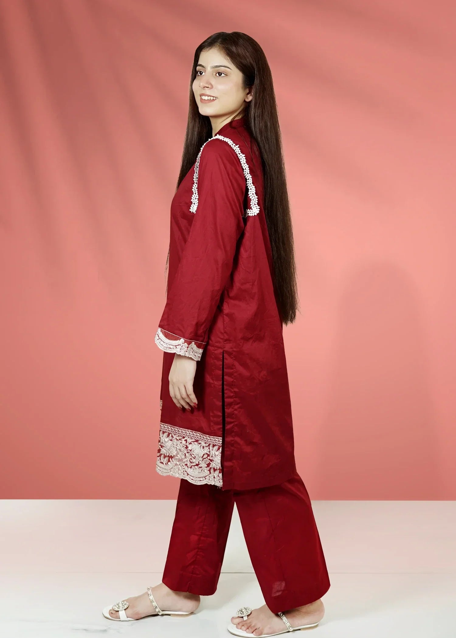 Urban Cut Cotton Embroidered Suit Red Women 2pcs