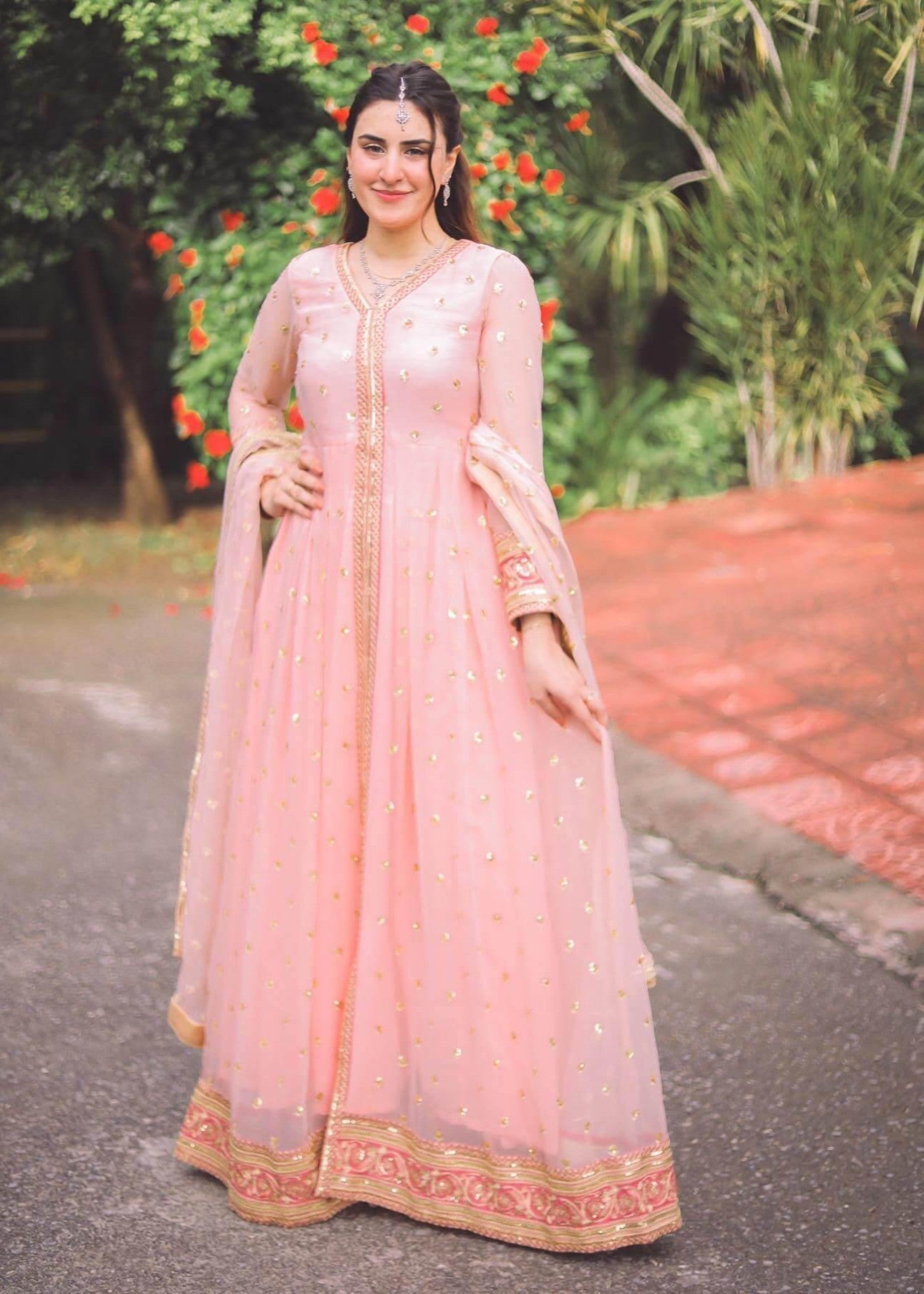 Akhrot Clothing Pink Flared Frock Women 3pcs