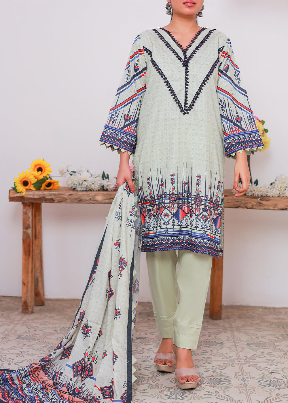 Green Lemon Printed lawn stitched suit Women 3pcs