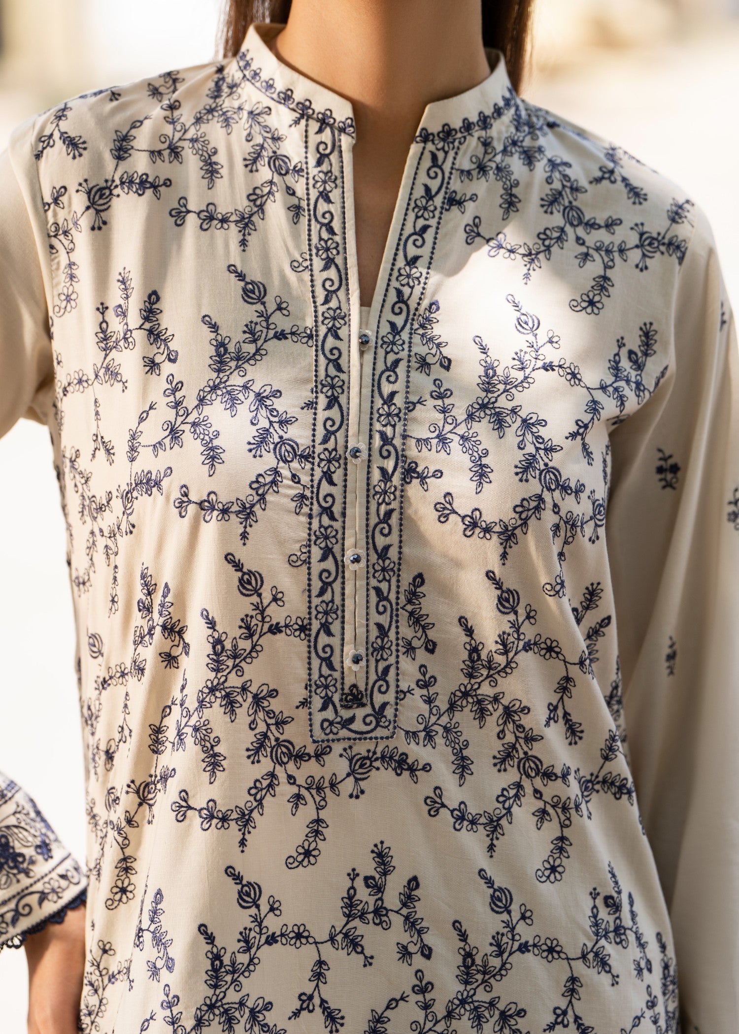 Casual Lite Cotton Emb Suit Beige 2 Women 3pcs