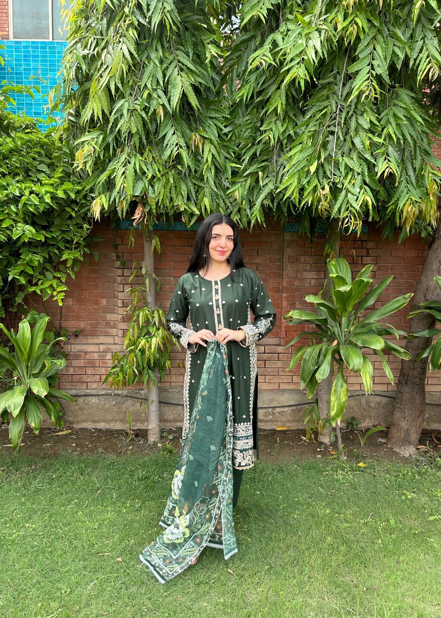 Attirepret Dark Green Viscose Embroidered Cotton Suit Women 3pcs