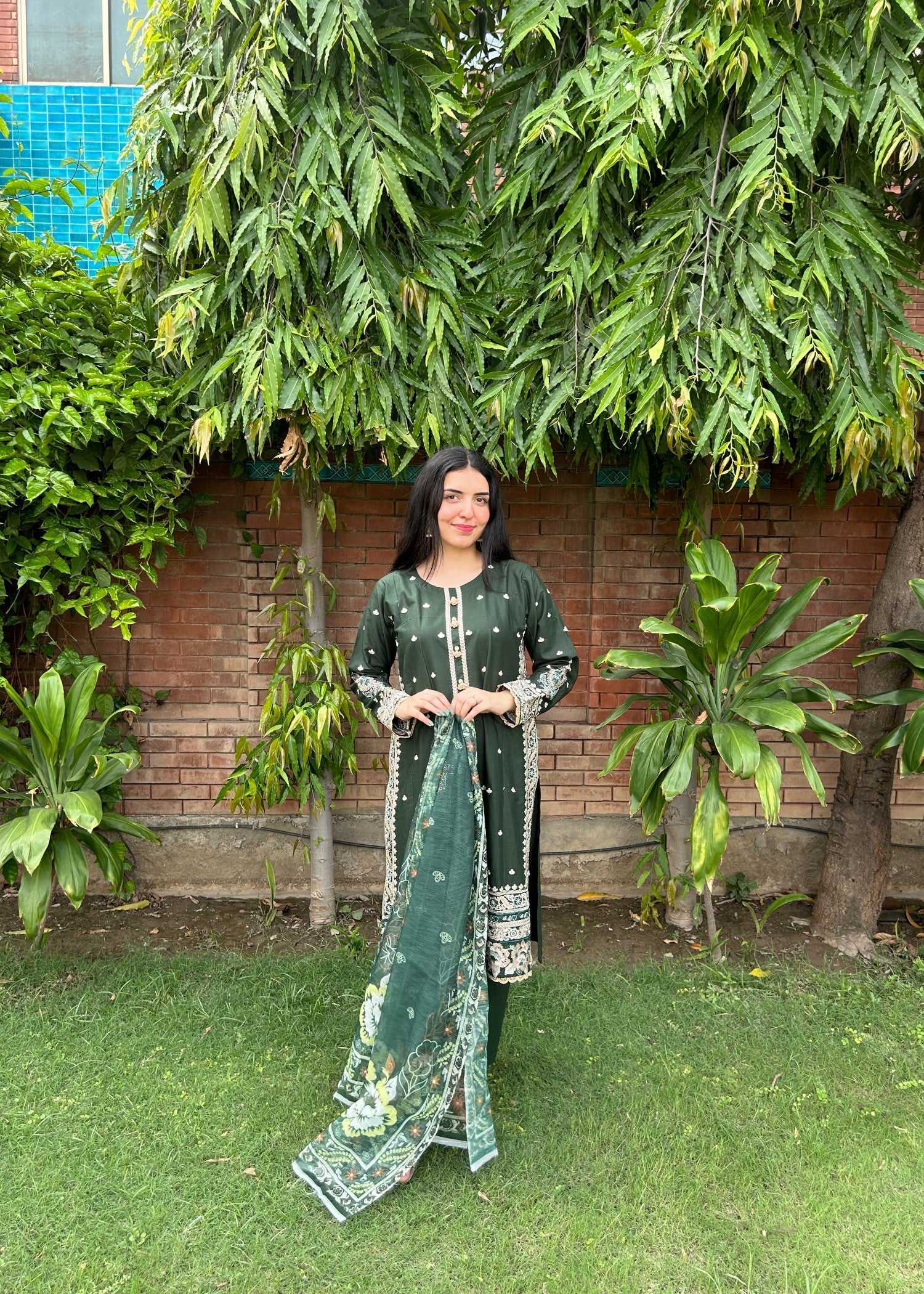 Attirepret Emerald Green Viscose Embroidered Cotton Suit Women 3pcs