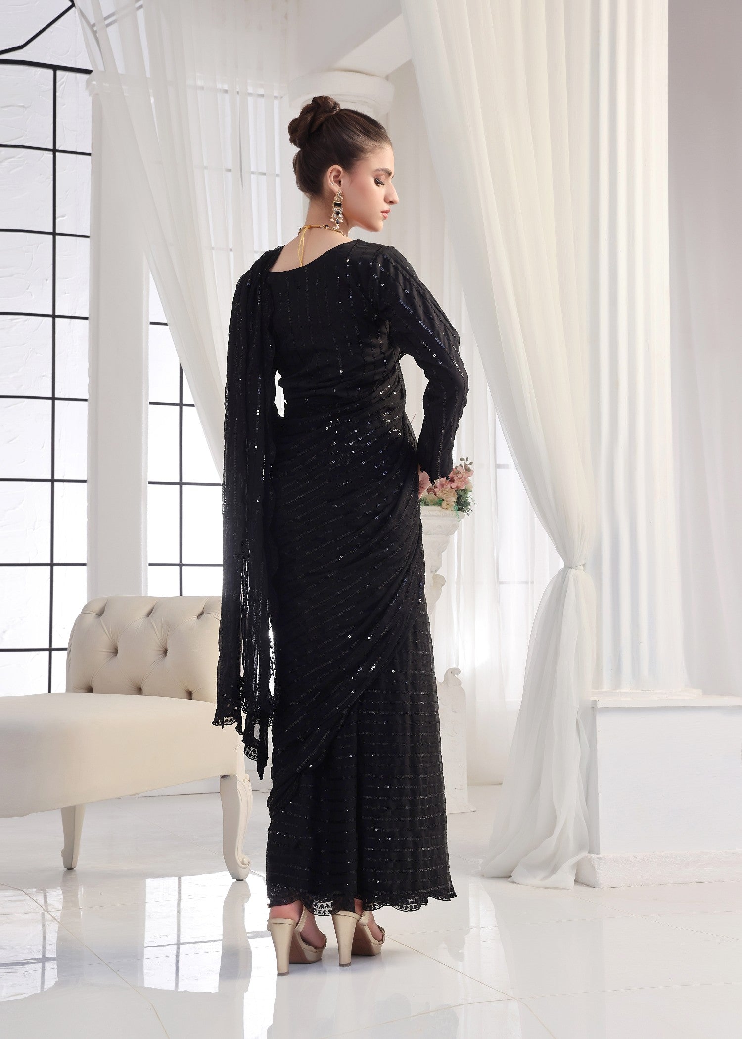 Luxeurs Black Chiffon Stitched Saree Women 3pcs